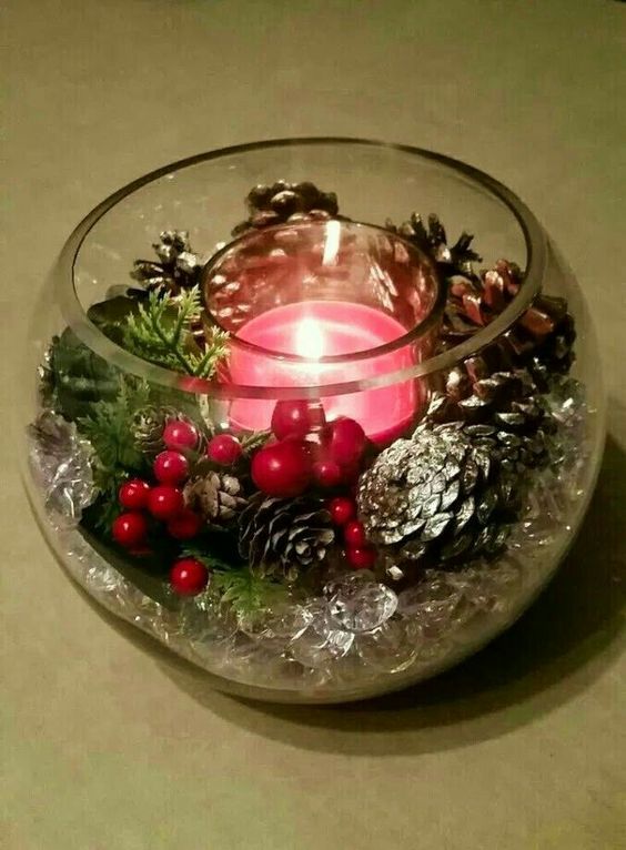 idees des centres de table de noel avec des bols en verre 8