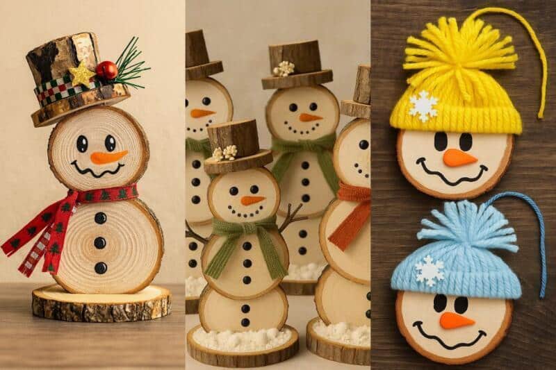 Idées pour construire un bonhomme de neige avec des rondelles de bois Idees de Bonshommes de Neige Fabriques avec des Rondelles de Bois