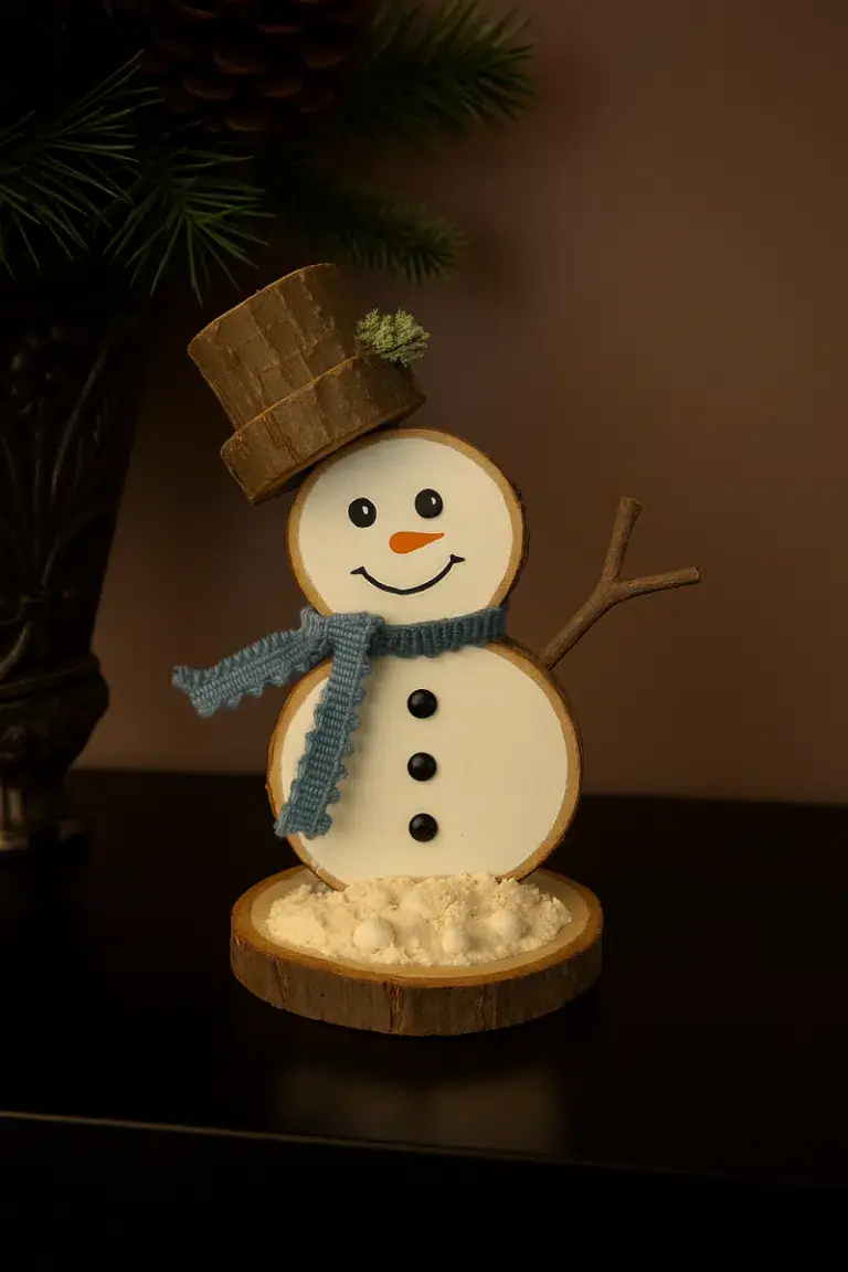 Idées pour construire un bonhomme de neige avec des rondelles de bois idees de bonshommes de neige fabriques avec des rondelles de boi 1