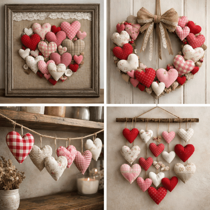 magnifiques compositions realisees avec des coeurs en tissu 1