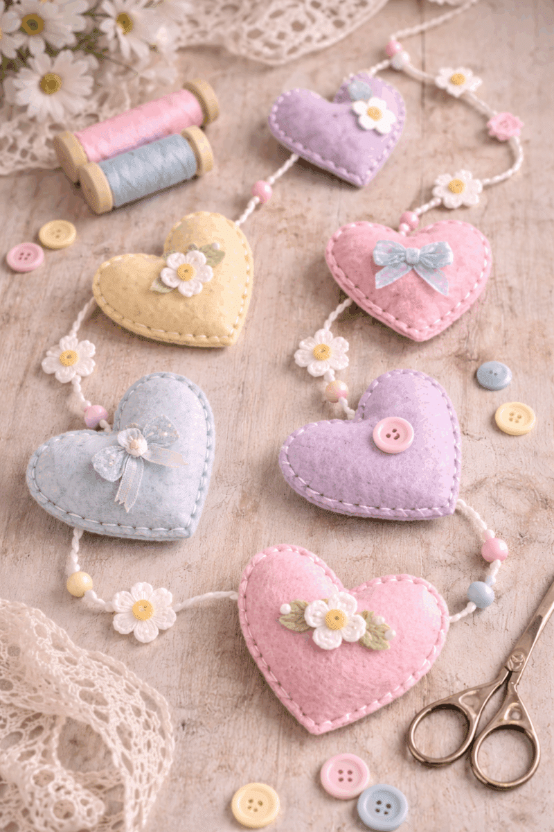 magnifiques compositions realisees avec des coeurs en tissu 2