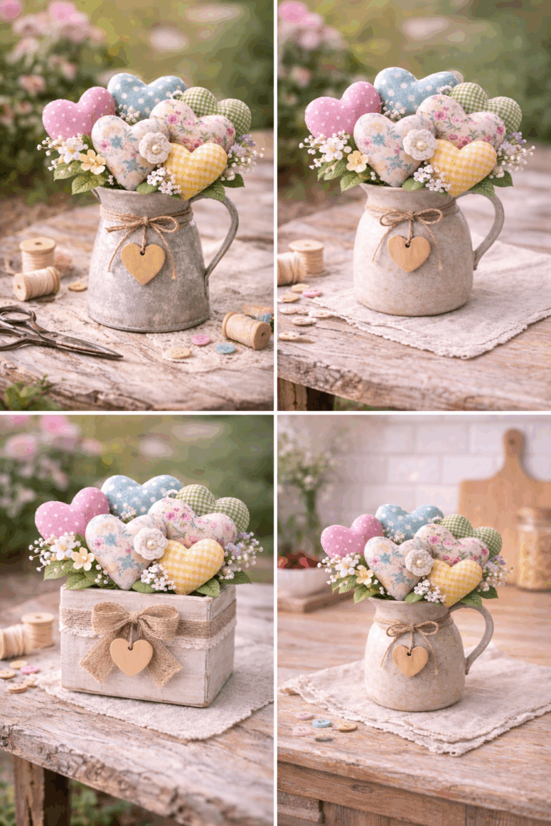 magnifiques compositions realisees avec des coeurs en tissu 4