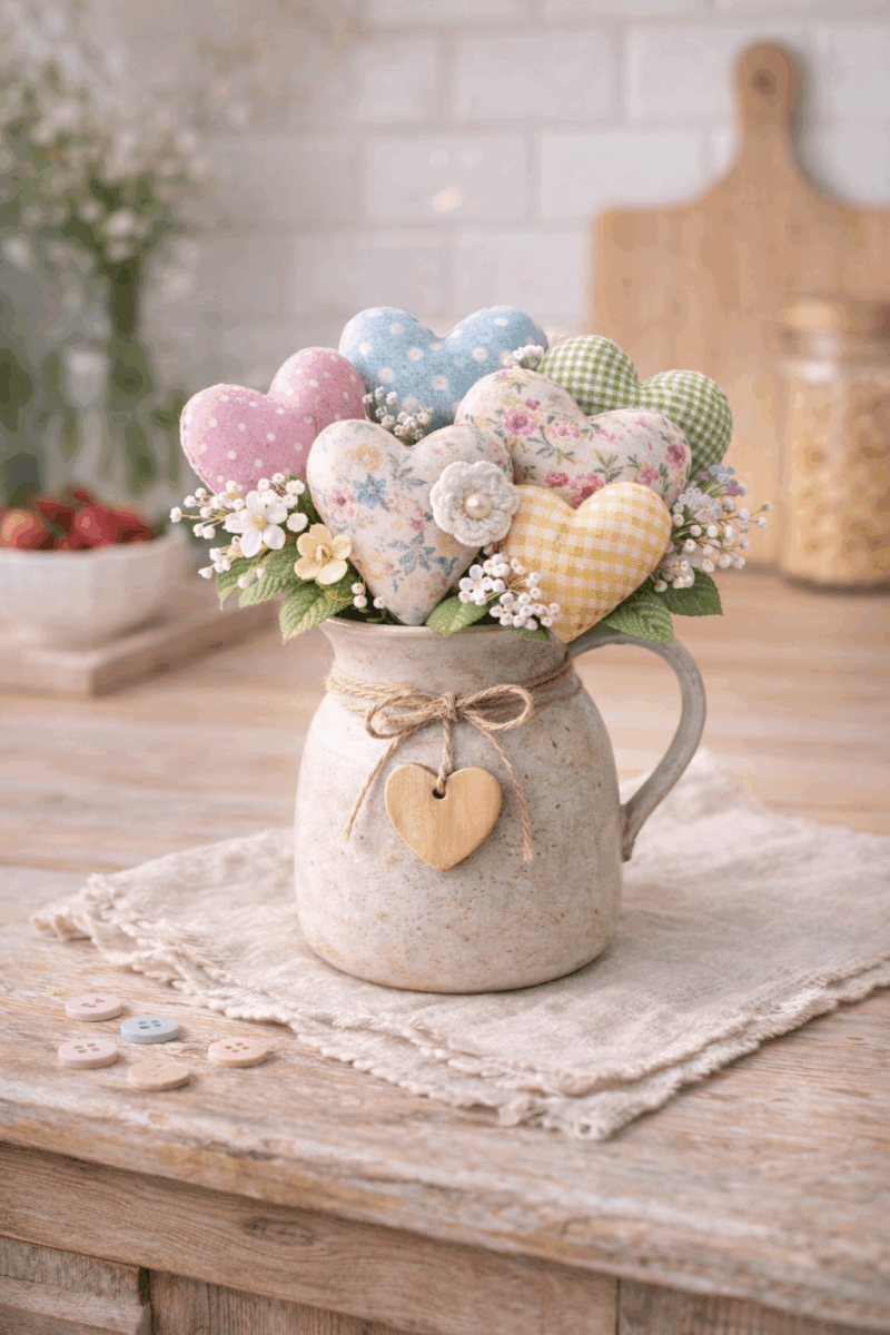 magnifiques compositions realisees avec des coeurs en tissu 5