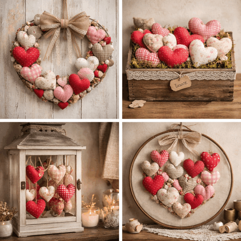 magnifiques compositions realisees avec des coeurs en tissu 6