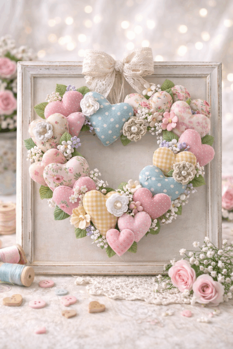 magnifiques compositions realisees avec des coeurs en tissu 7