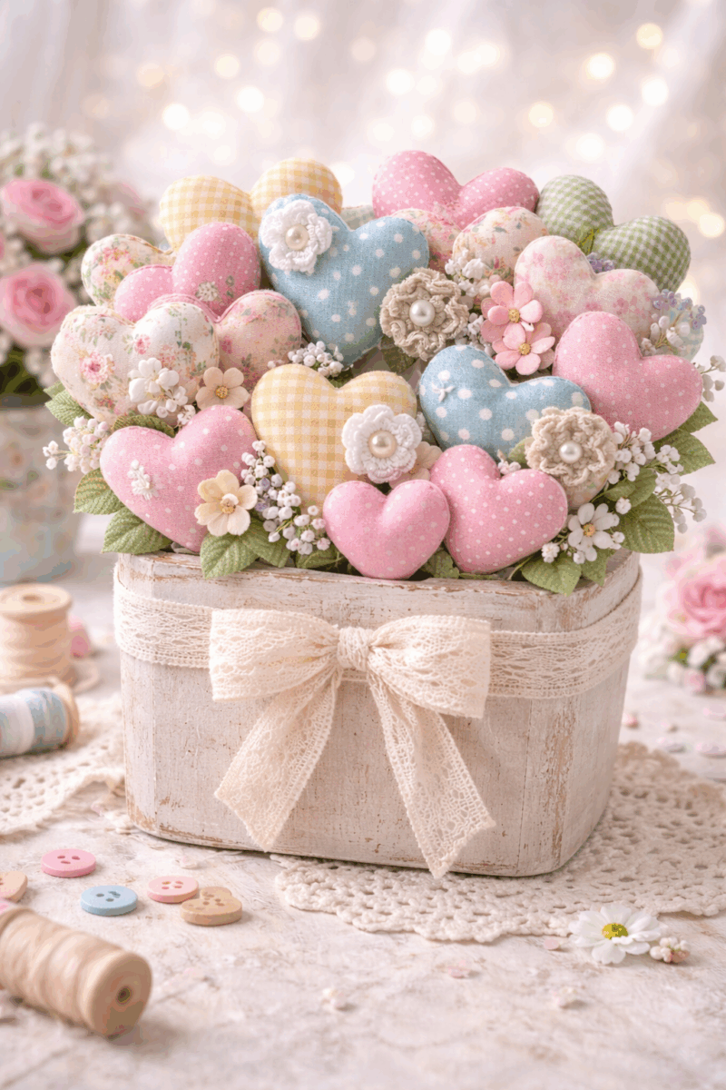 magnifiques compositions realisees avec des coeurs en tissu 8