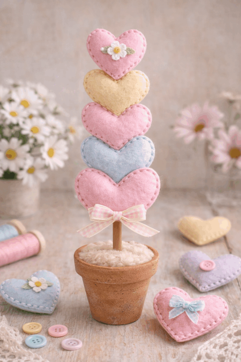 magnifiques compositions realisees avec des coeurs en tissu