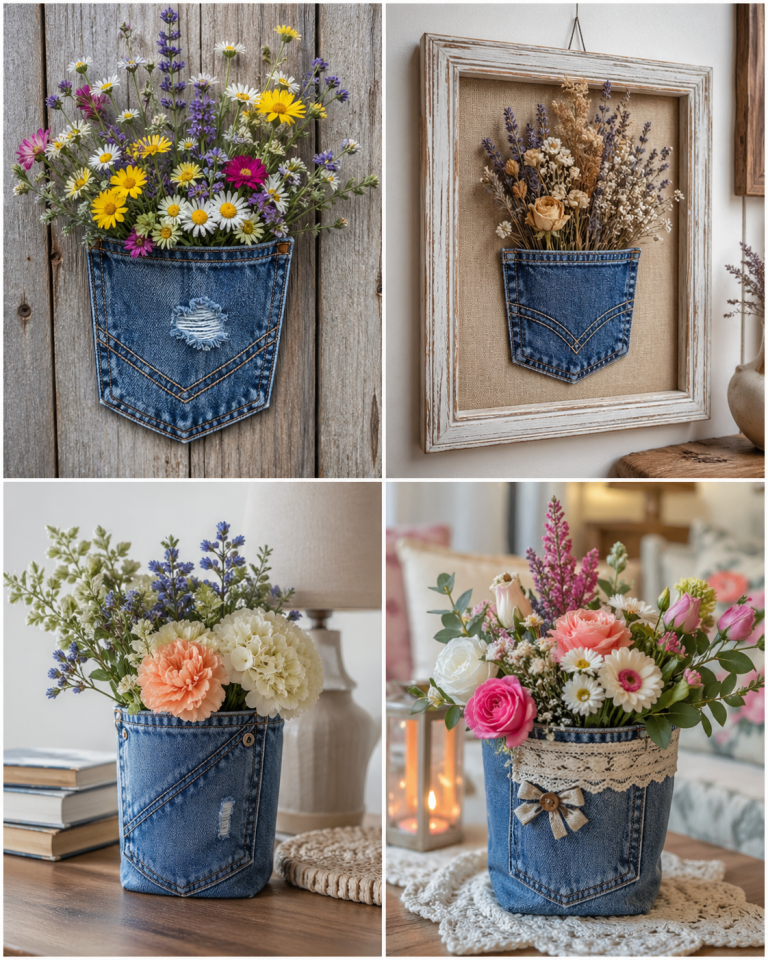 Composition florale réalisée à partir d'une poche de jean unique Composition florale réalisée à partir d'une poche de jean unique composition florale realisee a partir dune poche de jean 2