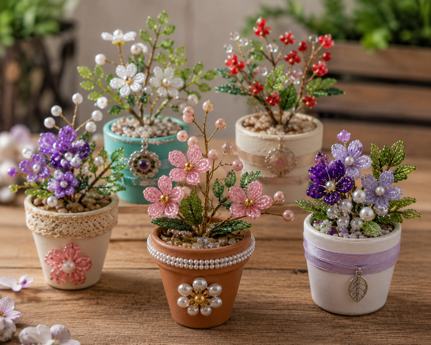 Pots de Fleurs Miniatures Ornés de Perles et Bijoux Pots de Fleurs Miniatures Ornés de Perles et Bijoux pots de fleurs miniatures ornes de perles et de