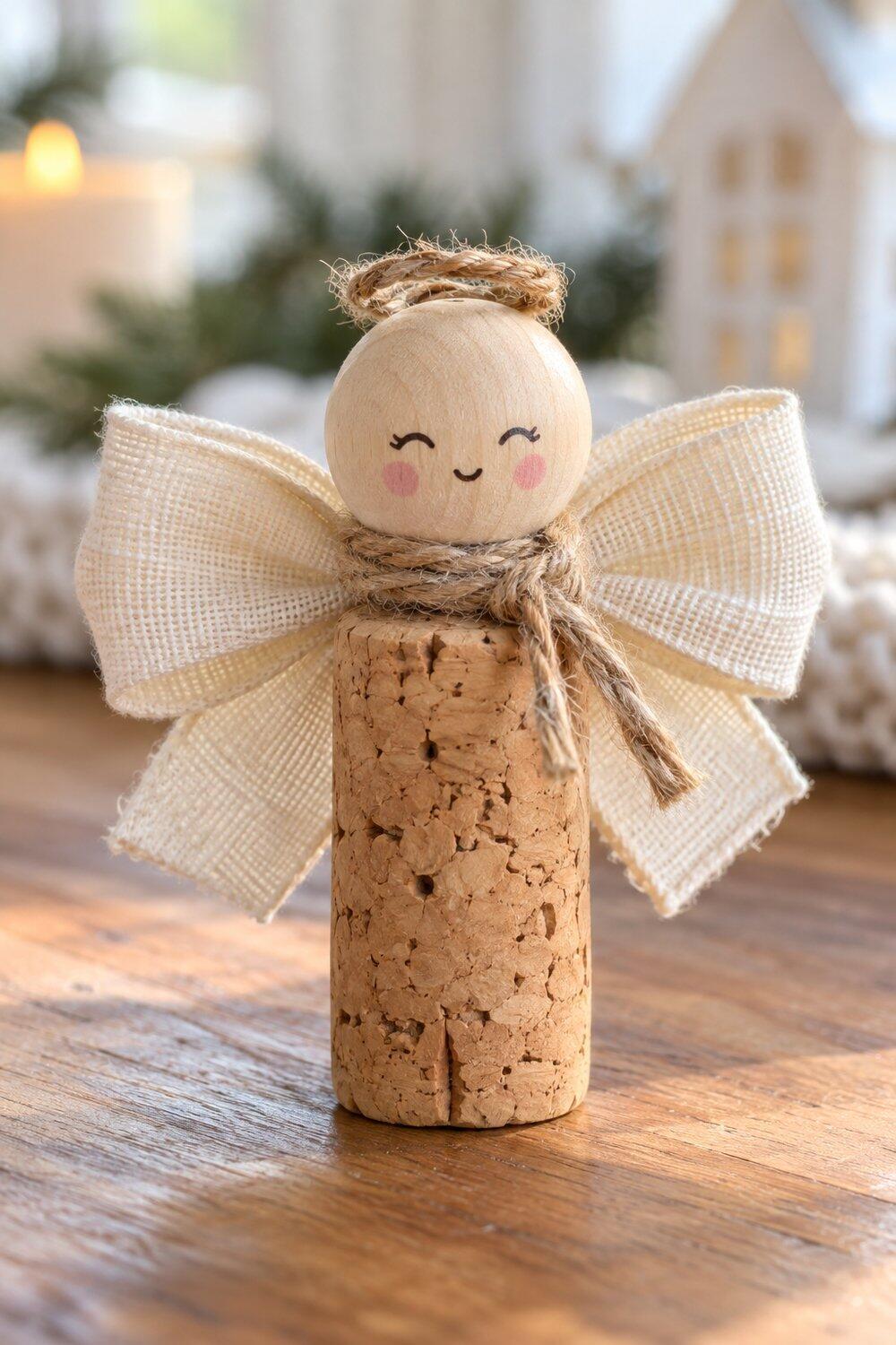 Ange en bouchon de li&egrave;ge brut avec t&ecirc;te en bois et ailes