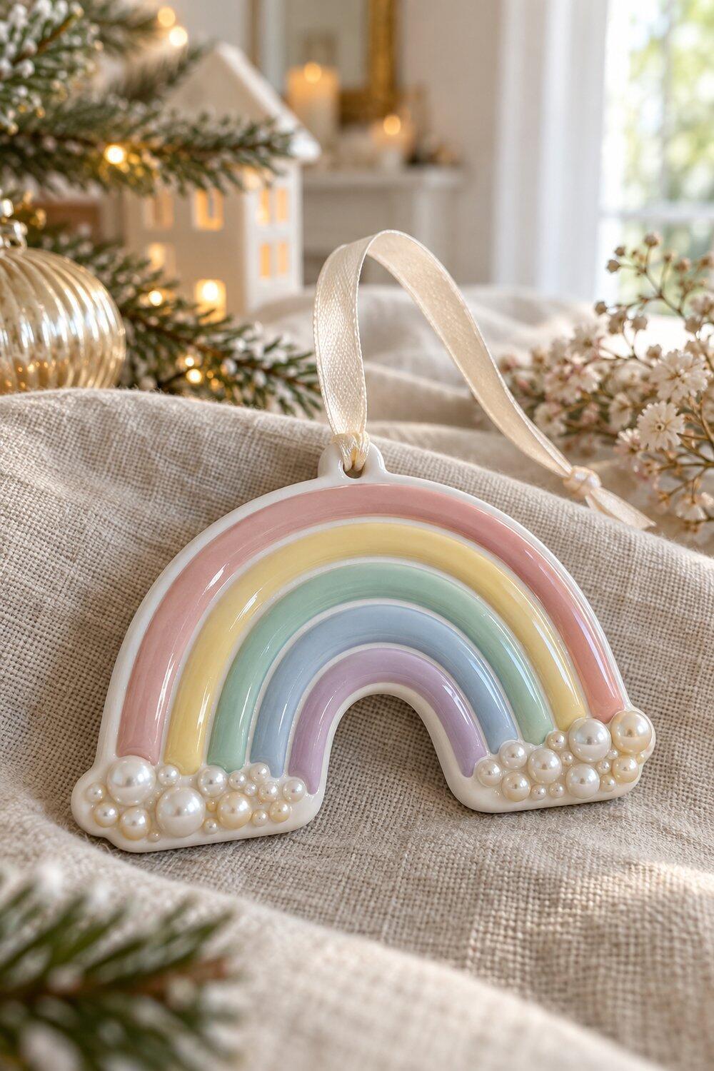 Arc-en-ciel pastel en p&acirc;te polym&egrave;re avec petites perles blanches sur du lin