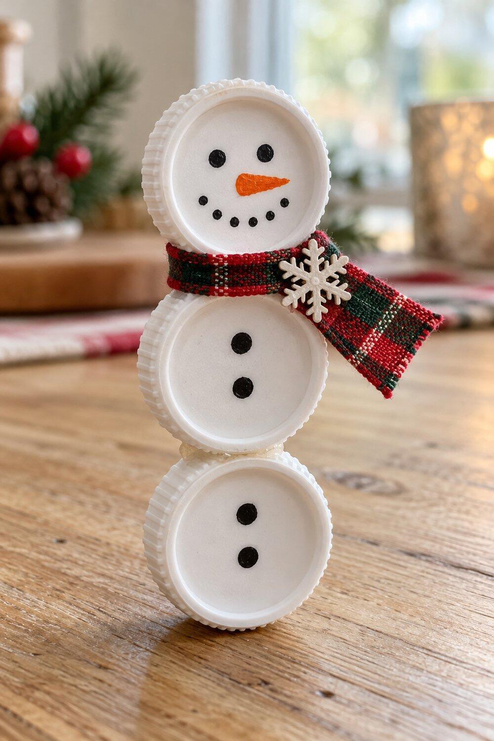 Bonhomme de neige suspendu en bouchons blancs avec &eacute;charpe et petit flocon