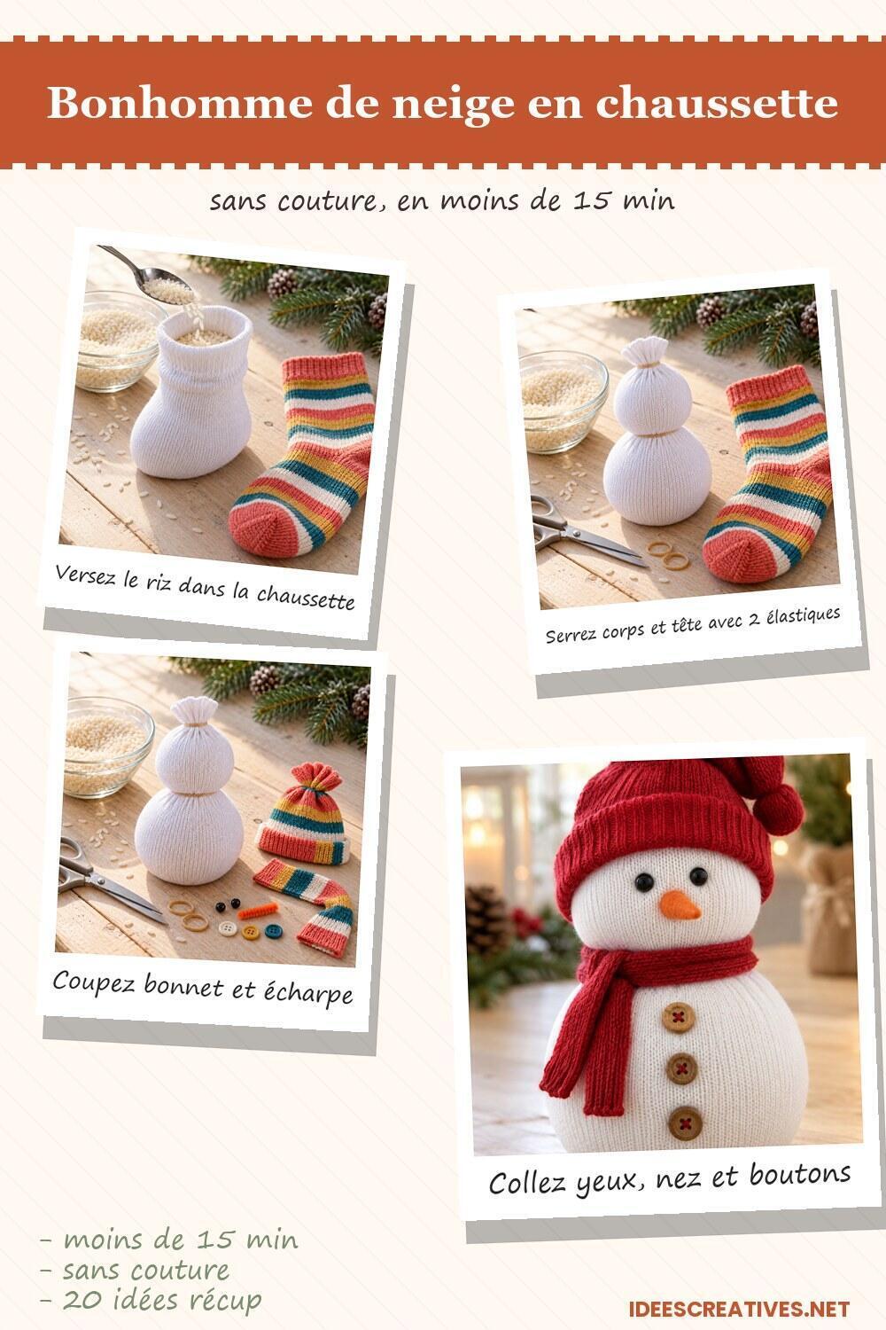Bonhomme de neige en chaussette pas &agrave; pas : riz, &eacute;lastiques, bonnet et &eacute;charpe, puis yeux, nez et boutons