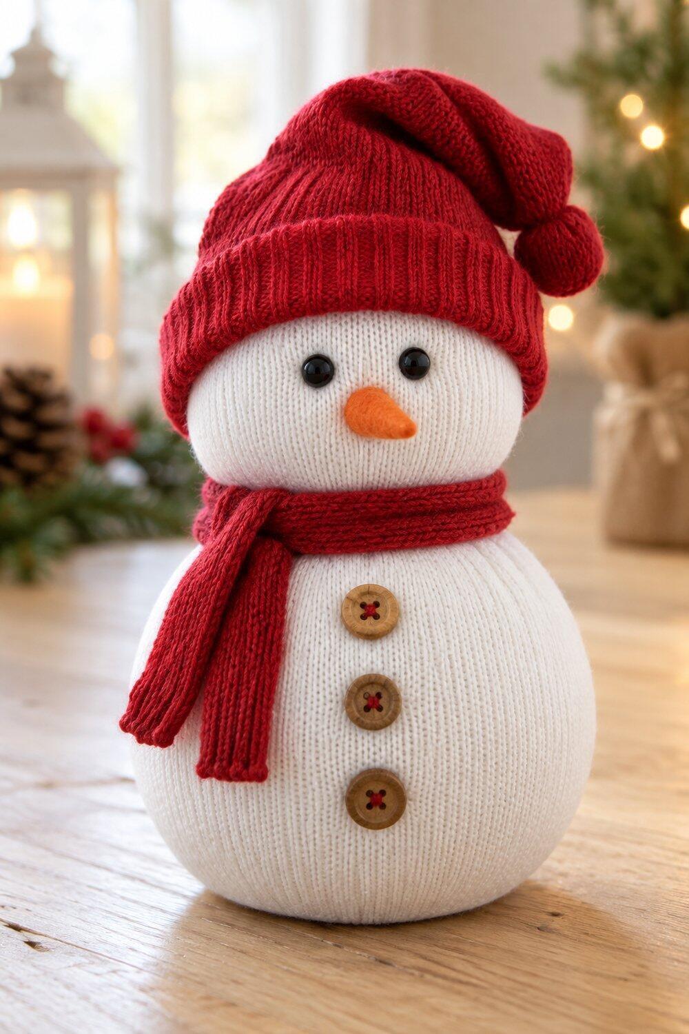 Bonhomme de neige en chaussettes blanches avec bonnet rouge et boutons