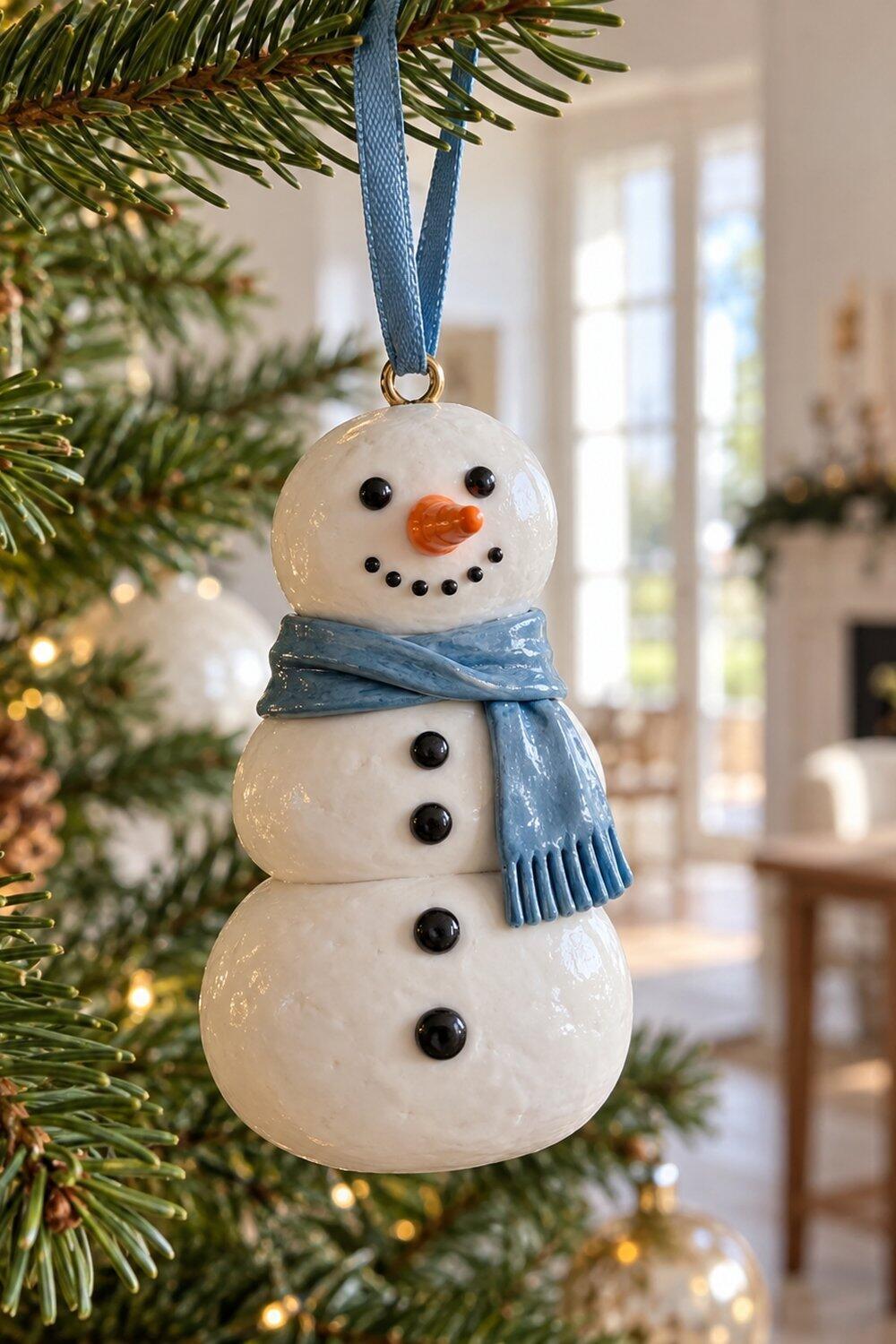 Bonhomme de neige blanc en p&acirc;te polym&egrave;re avec &eacute;charpe bleue au sapin