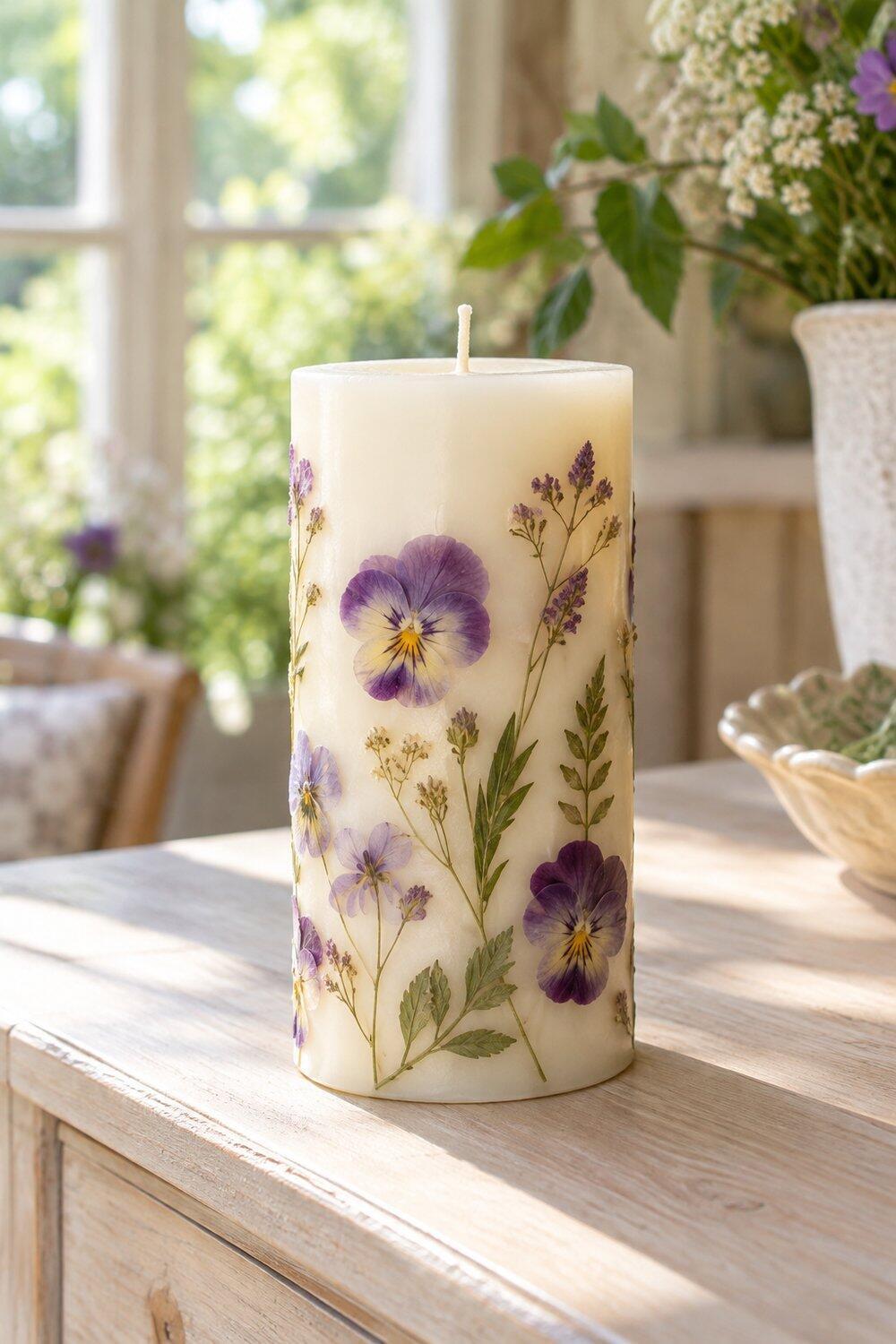 Bougie pilier d&eacute;cor&eacute;e de petites fleurs press&eacute;es sous une pellicule de cire