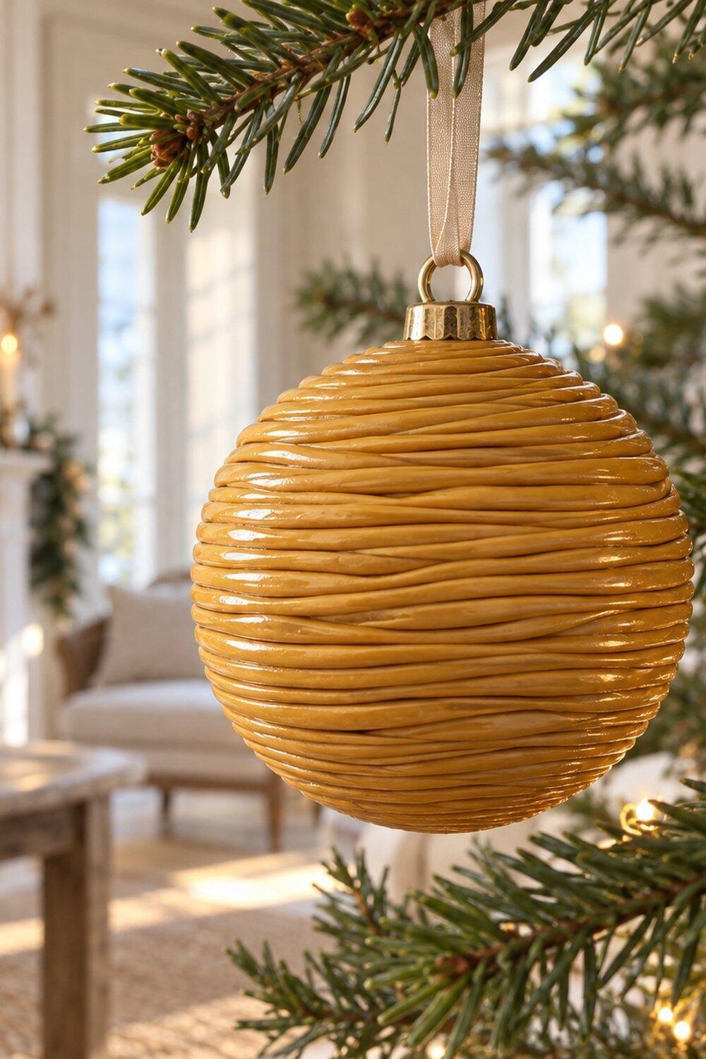 Boule de No&euml;l en Fimo &agrave; fins cordons enroul&eacute;s sur une branche