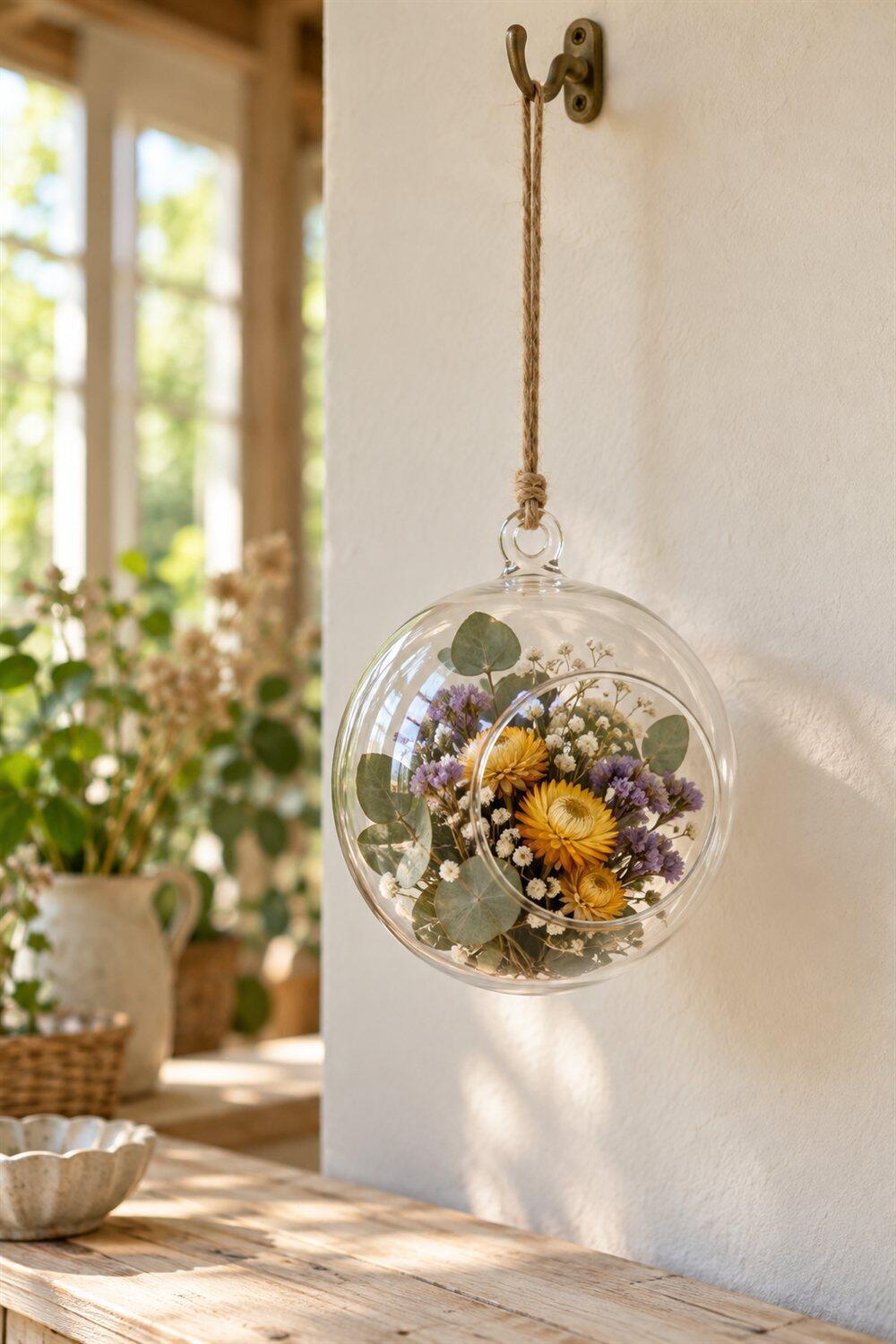 Boule d&eacute;corative suspendue avec un bouquet ext&eacute;rieur de statice et immortelles