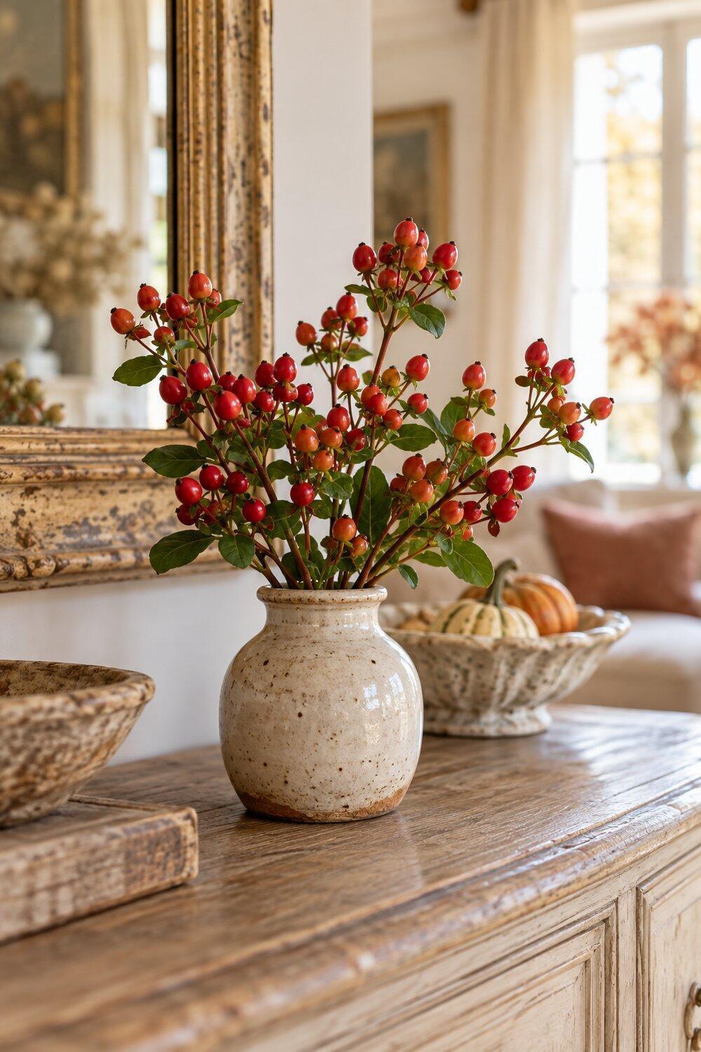 Décoration d’automne inspirée par la nature Baies rouges d’hypericum réunies dans un vase stable sur une console dégagée