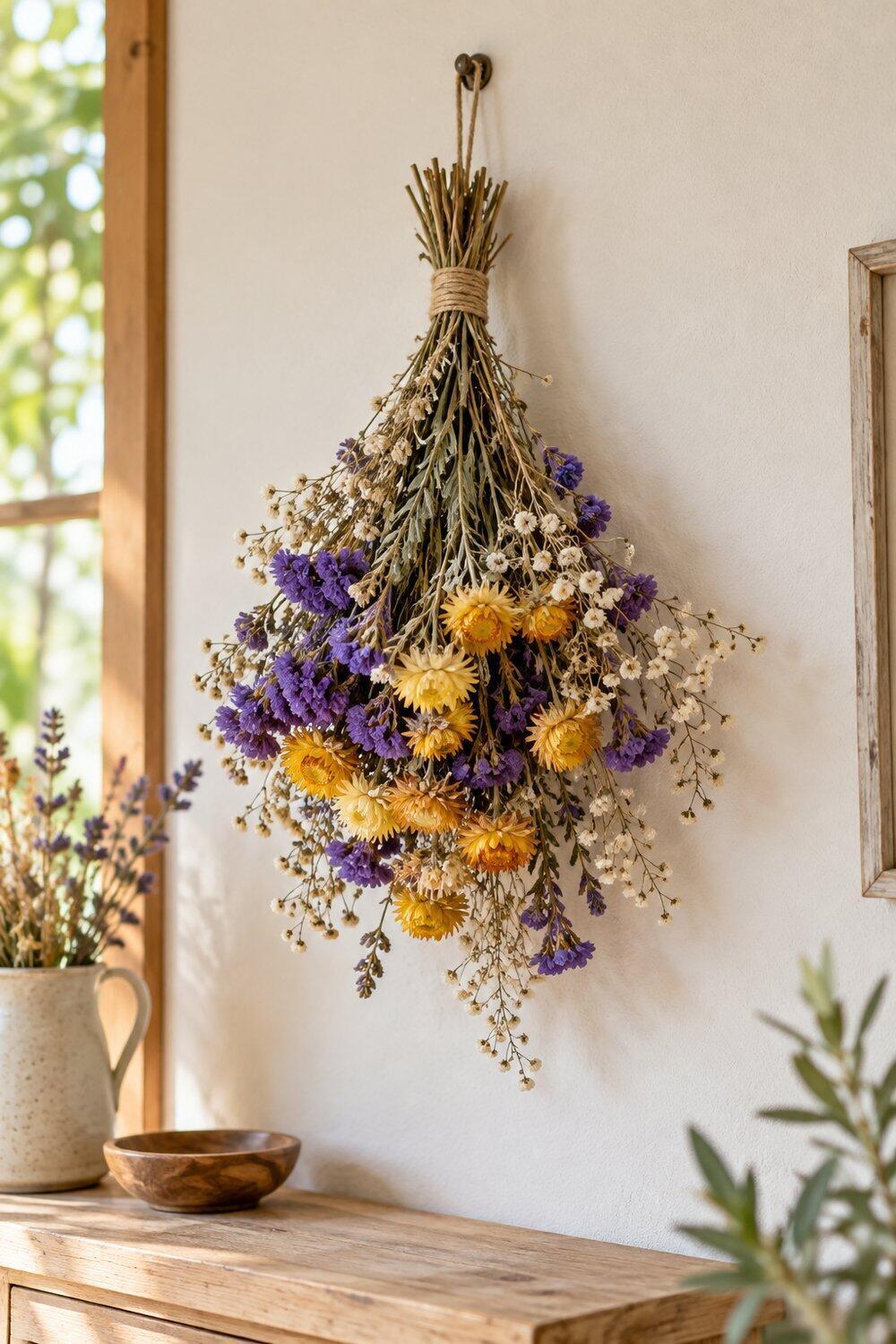 Bouquet de statice et gypsophile s&eacute;ch&eacute;s attach&eacute; par une ficelle naturelle