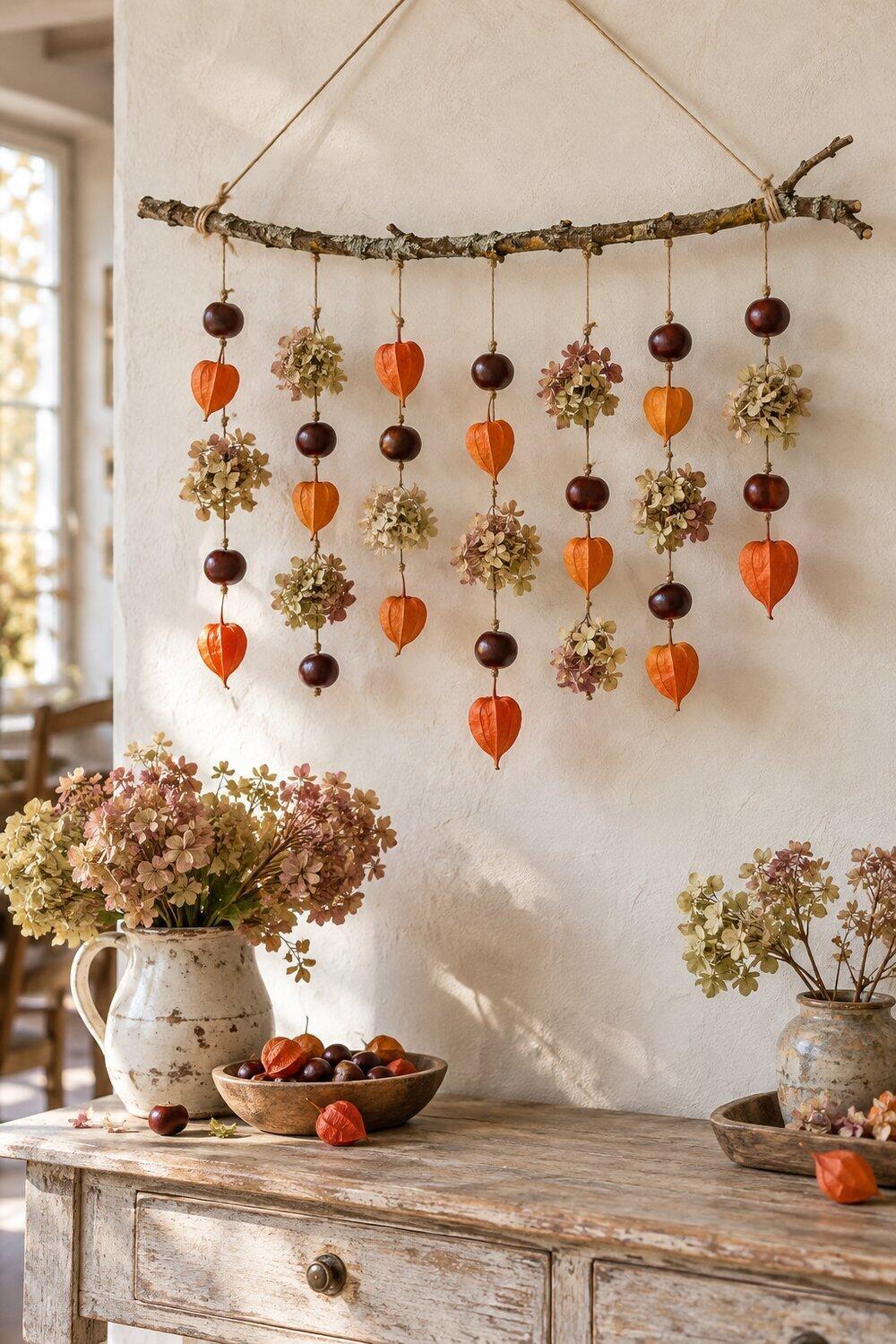 Décoration d’automne inspirée par la nature Châtaignes, lanternes de physalis et hortensias secs suspendus à une branche naturelle