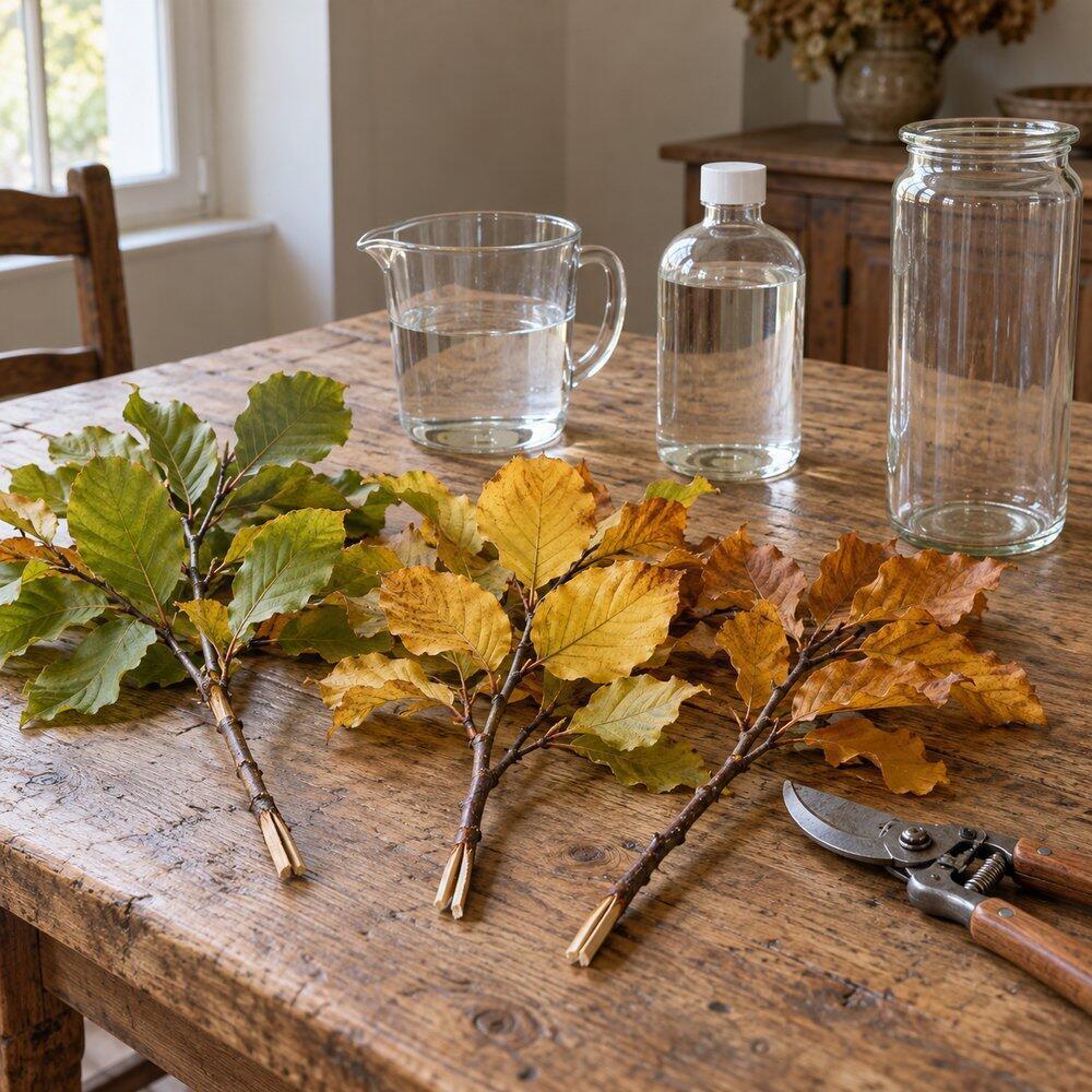 Décoration d’automne inspirée par la nature Tiges de hêtre ou de chêne coupées et fendues près du pichet de glycérine