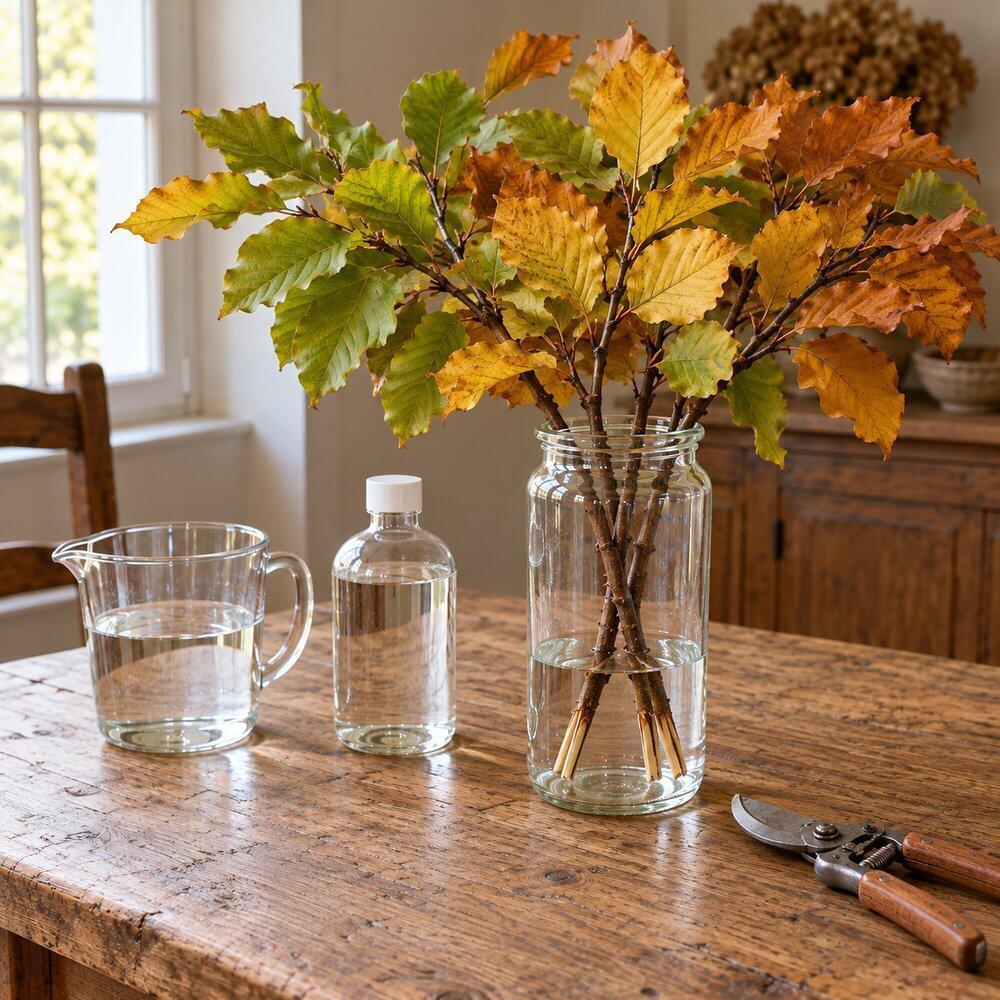 Décoration d’automne inspirée par la nature Branches de hêtre ou de chêne dans la solution, aux feuilles qui commencent à cuivrer