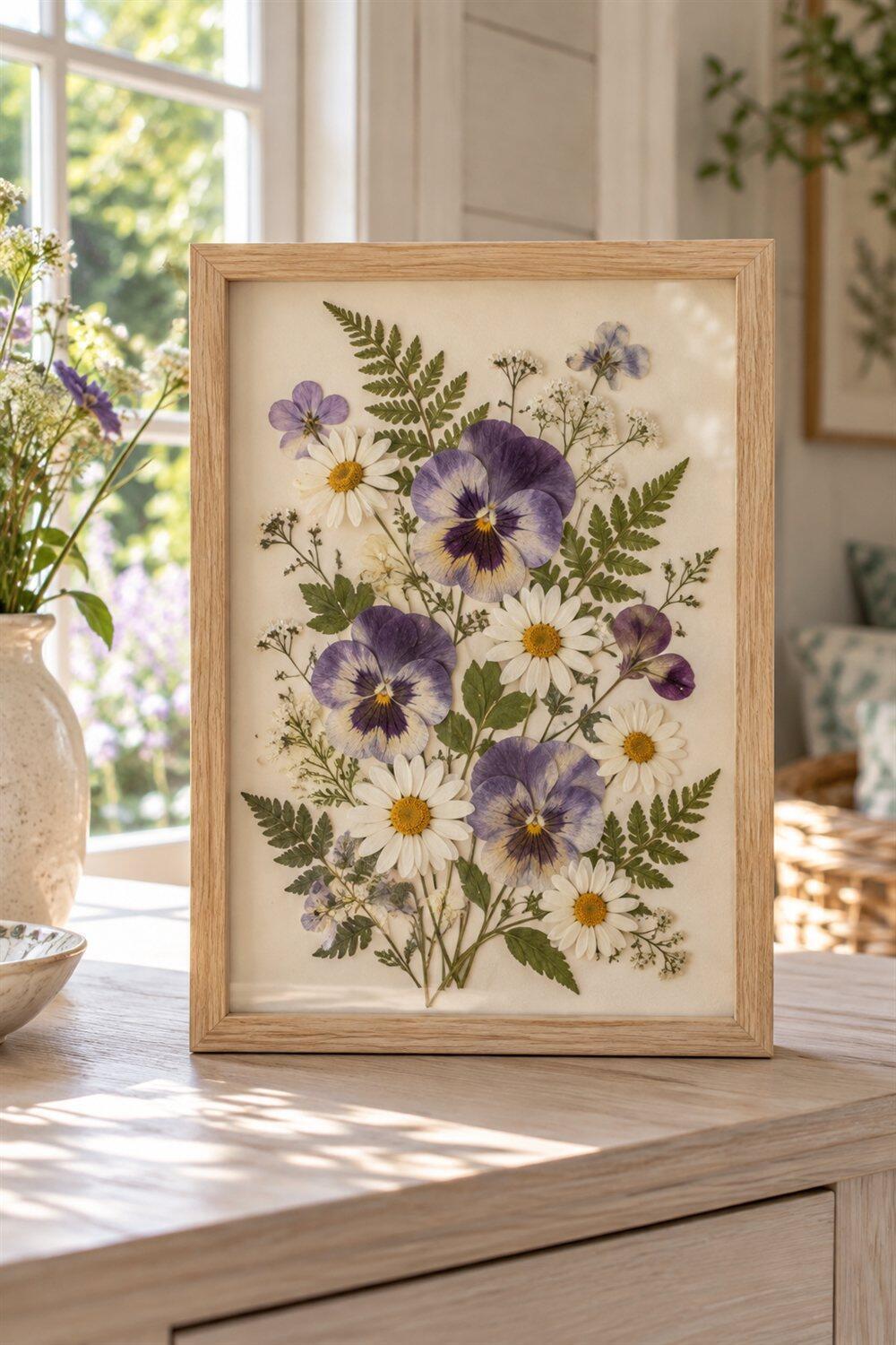 Cadre herbier avec pens&eacute;es et foug&egrave;res press&eacute;es sur papier aquarelle blanc
