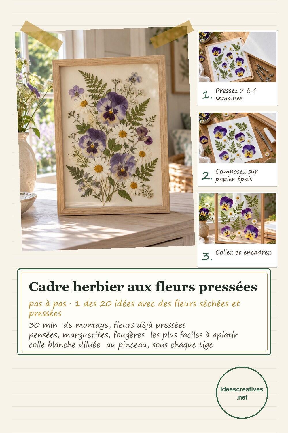 Cadre herbier aux fleurs press&eacute;es pas &agrave; pas : presser 2 &agrave; 4 semaines, composer sur papier, coller puis encadrer sous verre