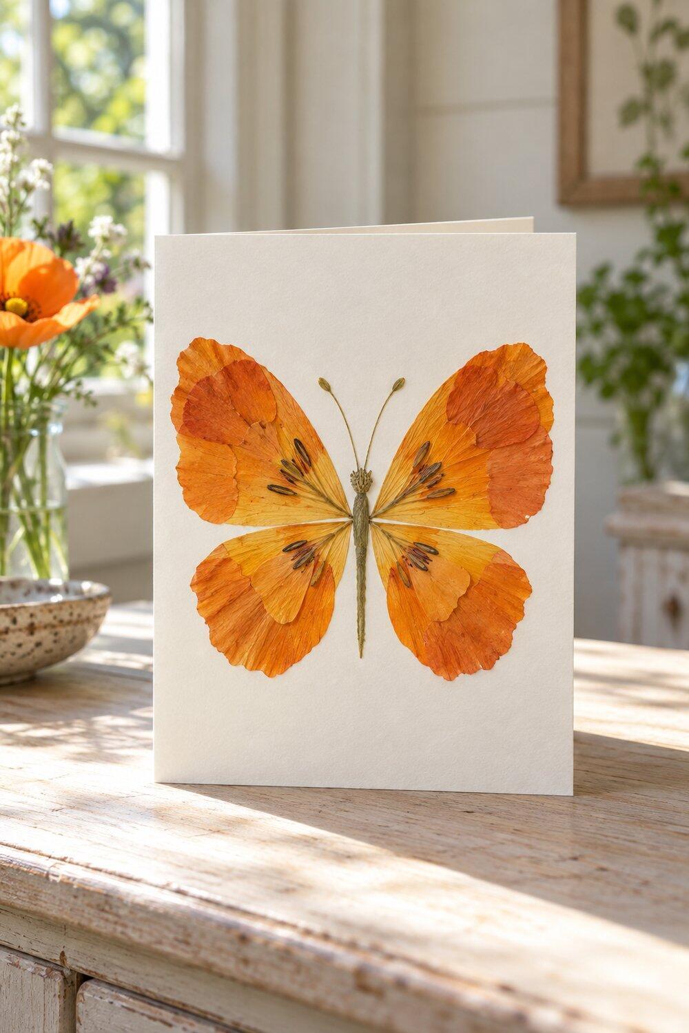 Carte papillon en papier &eacute;pais orn&eacute;e de pavots de Californie press&eacute;s