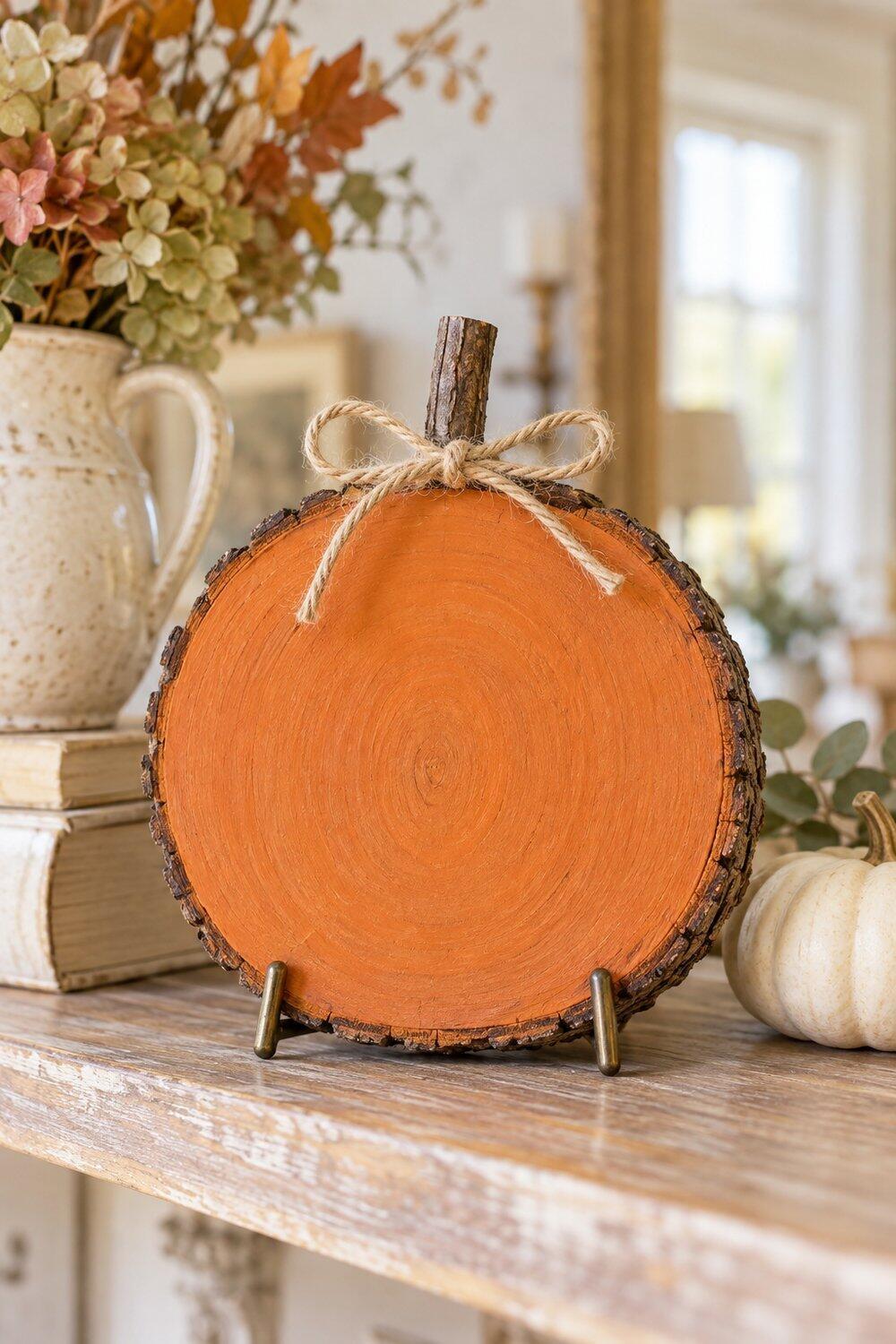 Décoration d’automne inspirée par la nature Rondelle de bois peinte en citrouille avec une queue en brindille naturelle