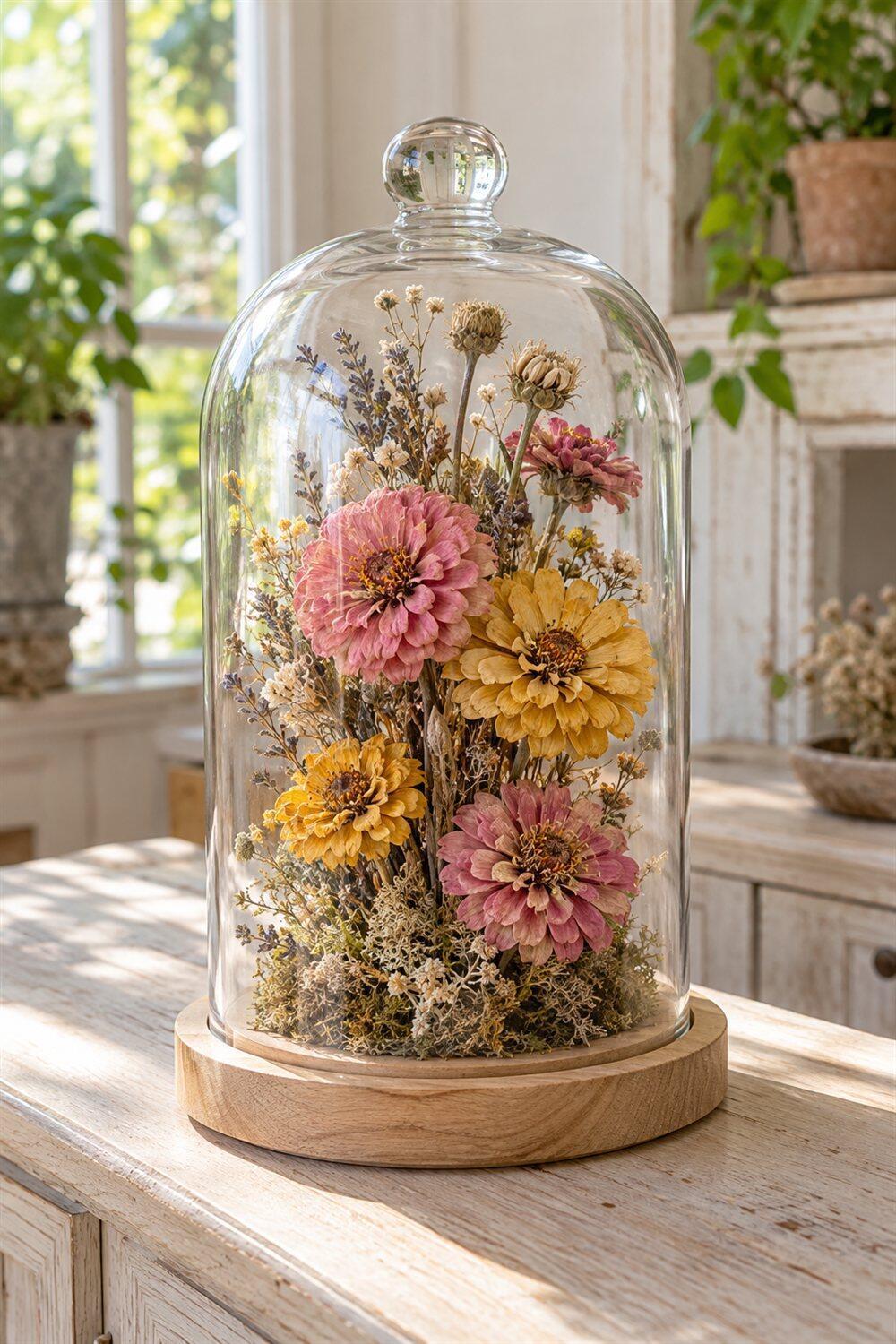 Composition de zinnias s&eacute;ch&eacute;s prot&eacute;g&eacute;e par une cloche en verre transparent