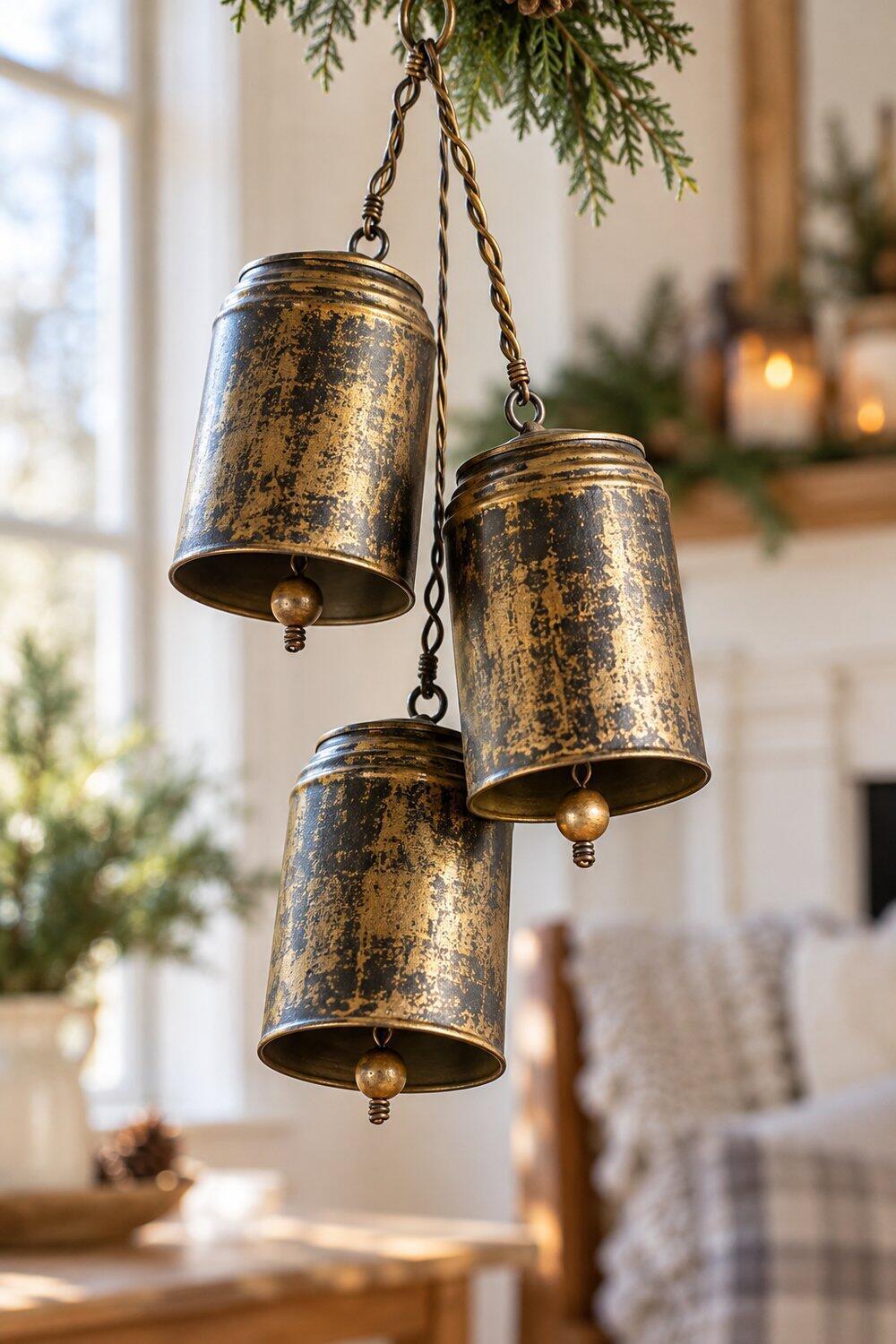 Cloches de No&euml;l dor&eacute;es fabriqu&eacute;es avec de petites canettes r&eacute;cup&eacute;r&eacute;es