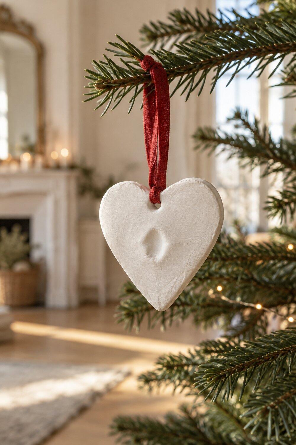 C&oelig;ur blanc en argile avec initiale discr&egrave;te et ruban rouge au sapin