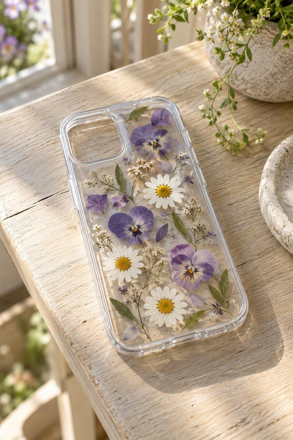 Coque de t&eacute;l&eacute;phone transparente garnie de petites fleurs press&eacute;es sous film