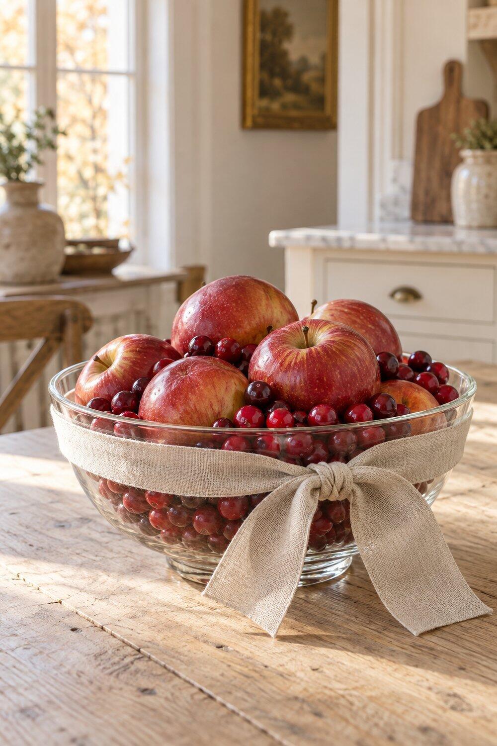 Décoration d’automne inspirée par la nature Pommes rouges et canneberges fraîches réunies dans une coupe transparente sur table claire