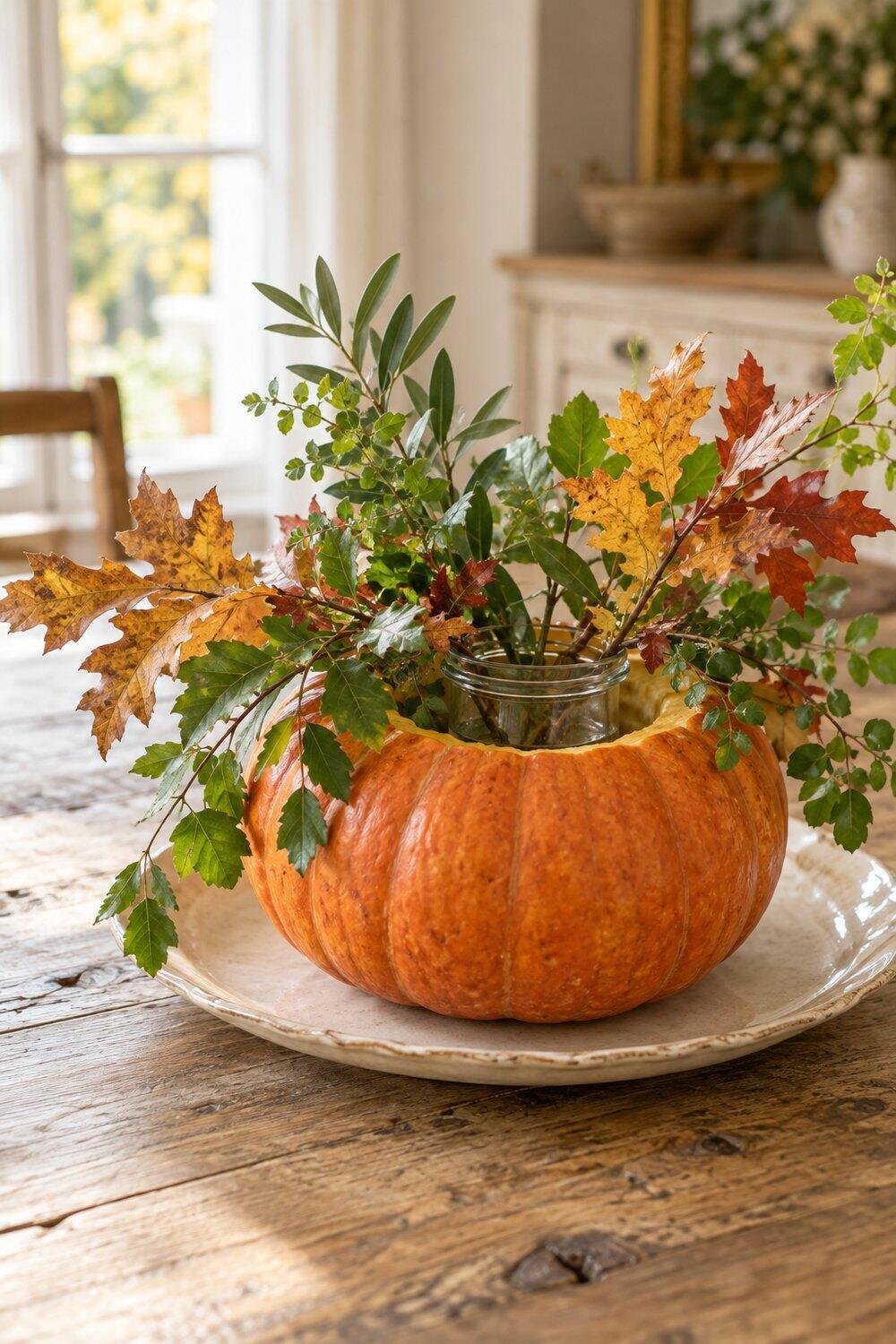 Décoration d’automne inspirée par la nature Courge évidée accueillant un bocal et du feuillage frais sur une table