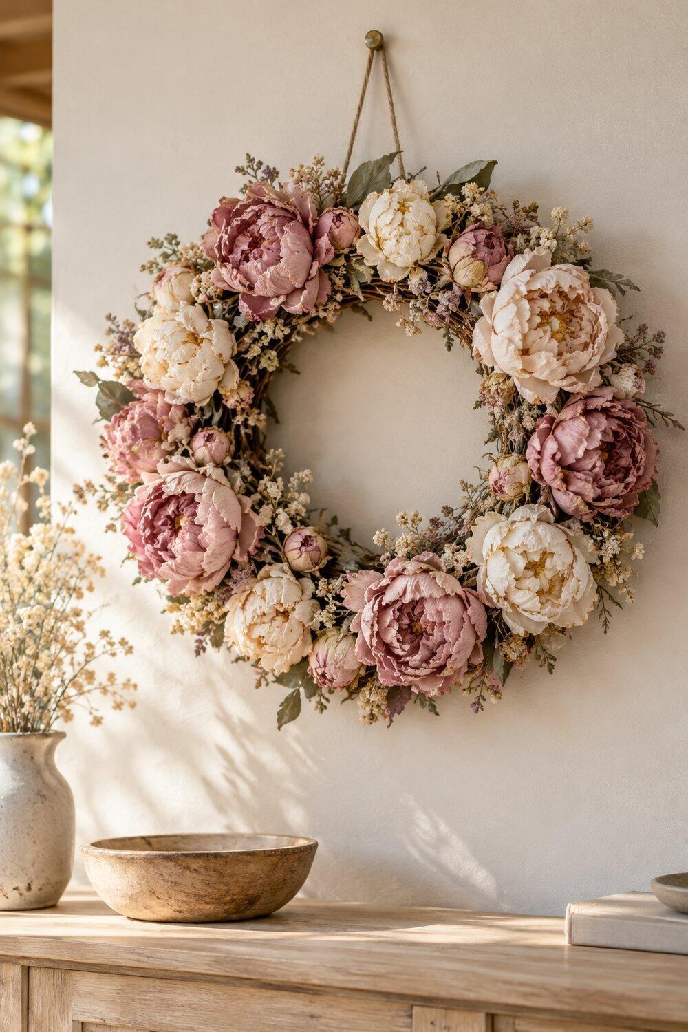 Couronne de pivoines s&eacute;ch&eacute;es roses et blanches sur une base de sarments