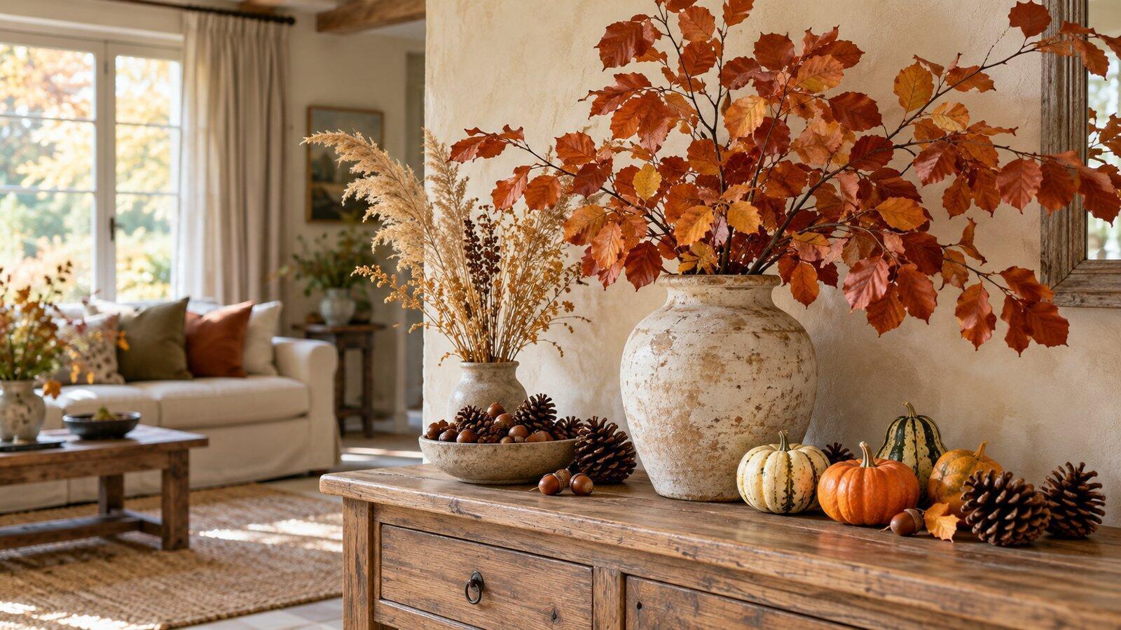 Décoration d’automne inspirée par la nature Branches de hêtre cuivrées, courges et matières naturelles sur une console de campagne