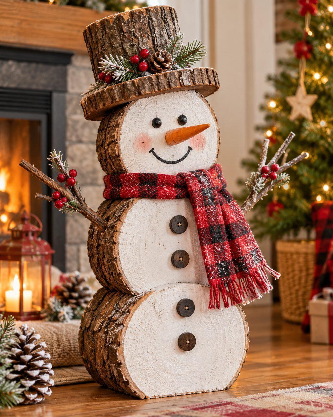 Déco de Noël en troncs de bois : 8 idées et le plan du renne Bonhomme de neige fait de trois rondelles de bois peintes en blanc, chapeau en rondin, écharpe à carreaux rouges et bras en brindilles
