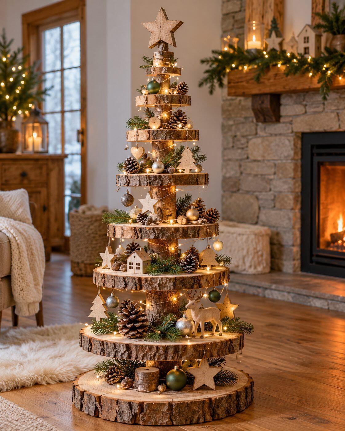 Déco de Noël en troncs de bois : 8 idées et le plan du renne Sapin de Noël étagère en rondelles de bois superposées sur une tige, décoré de boules, d'étoiles et de petites maisons