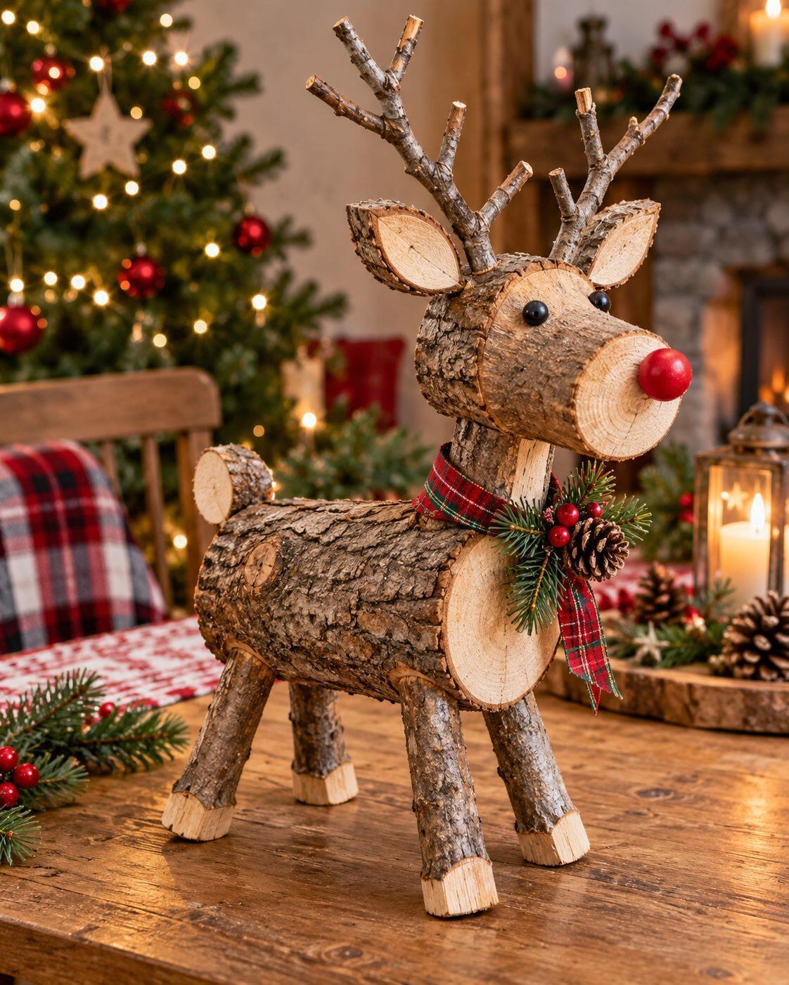 Déco de Noël en troncs de bois : 8 idées et le plan du renne Renne de Noël en rondin de bois avec pattes en branches, bois en brindilles, nez rouge et écharpe à carreaux