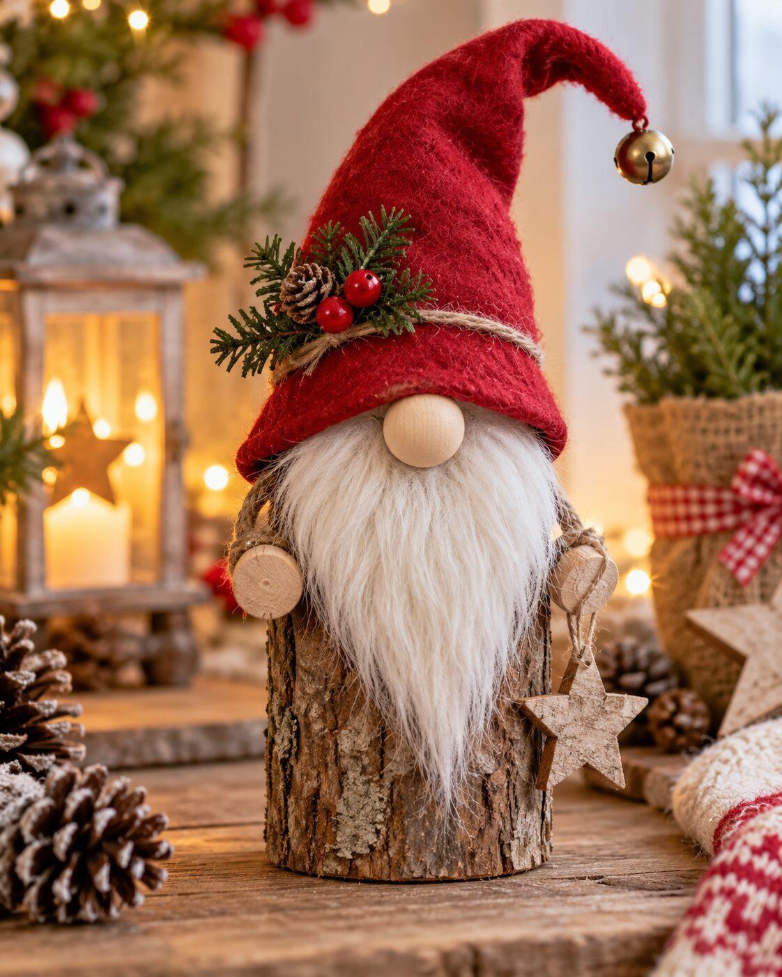 Déco de Noël en troncs de bois : 8 idées et le plan du renne Gnome de Noël sur un rondin de bois avec bonnet rouge en feutrine, longue barbe blanche et nez en bois