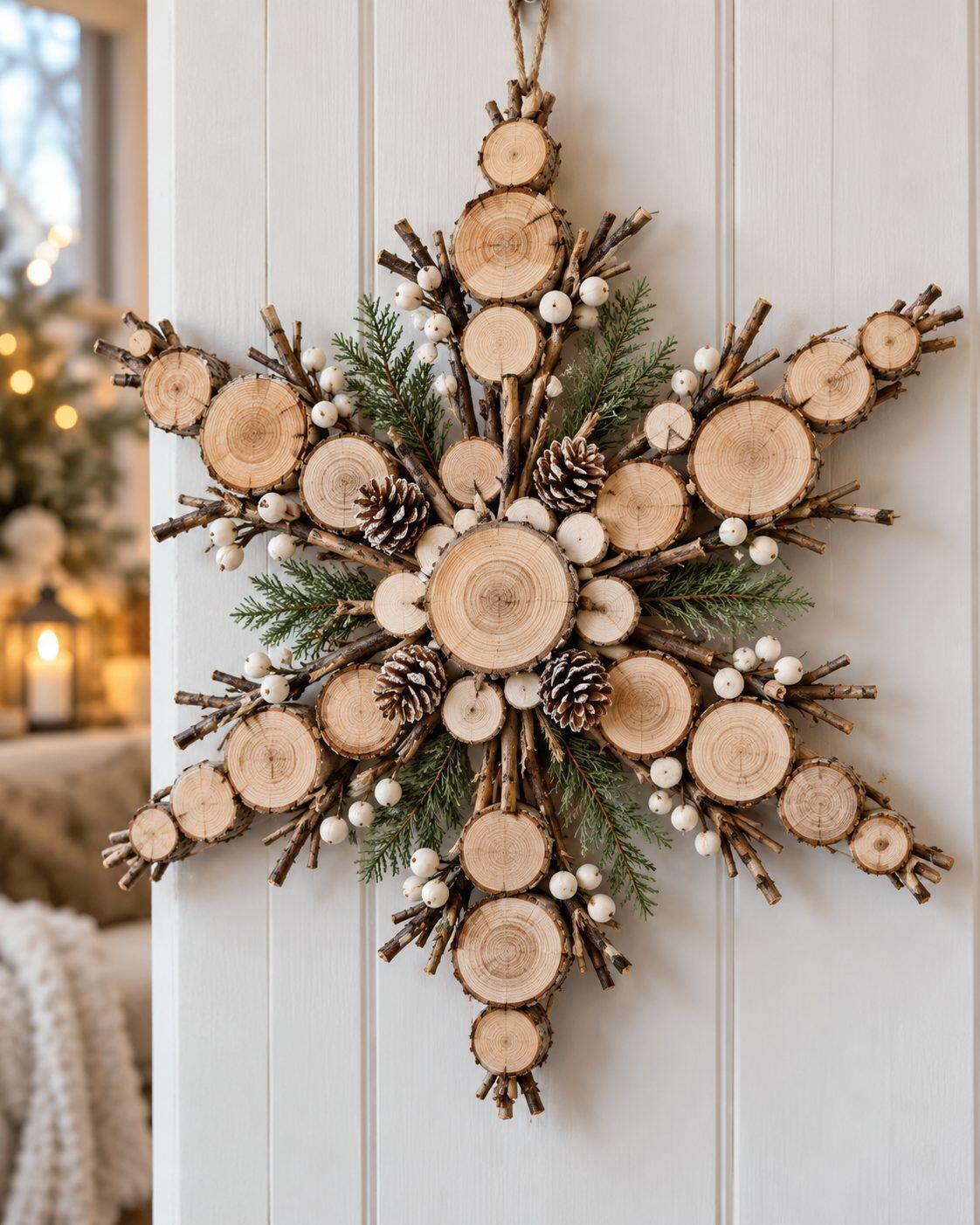 Déco de Noël en troncs de bois : 8 idées et le plan du renne Étoile murale de Noël en rondelles de bois, brindilles, perles blanches et pommes de pin accrochée à un mur blanc