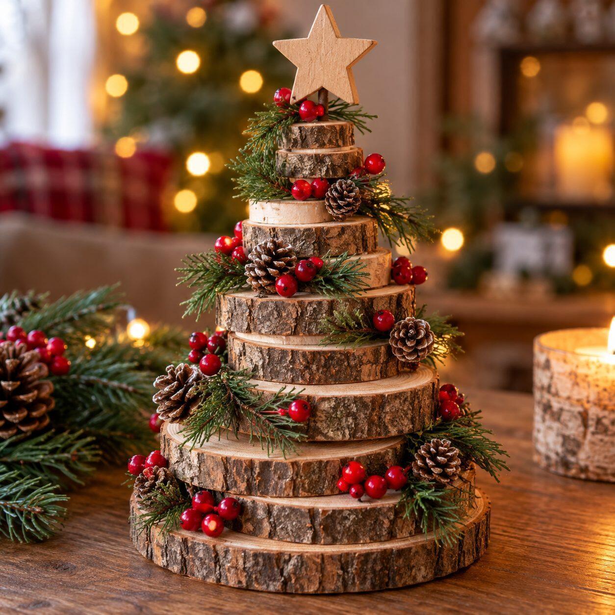 Déco de Noël en troncs de bois : 8 idées et le plan du renne Sapin de Noël en rondelles de bois empilées de la plus grande à la plus petite, avec branches de sapin, baies rouges et étoile en bois
