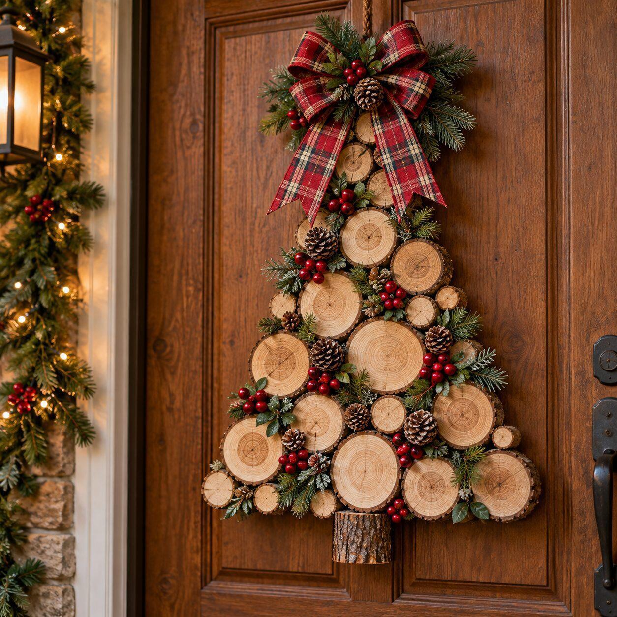 Déco de Noël en troncs de bois : 8 idées et le plan du renne Sapin de Noël en rondelles de bois accroché sur une porte d'entrée, avec nœud à carreaux rouges et baies