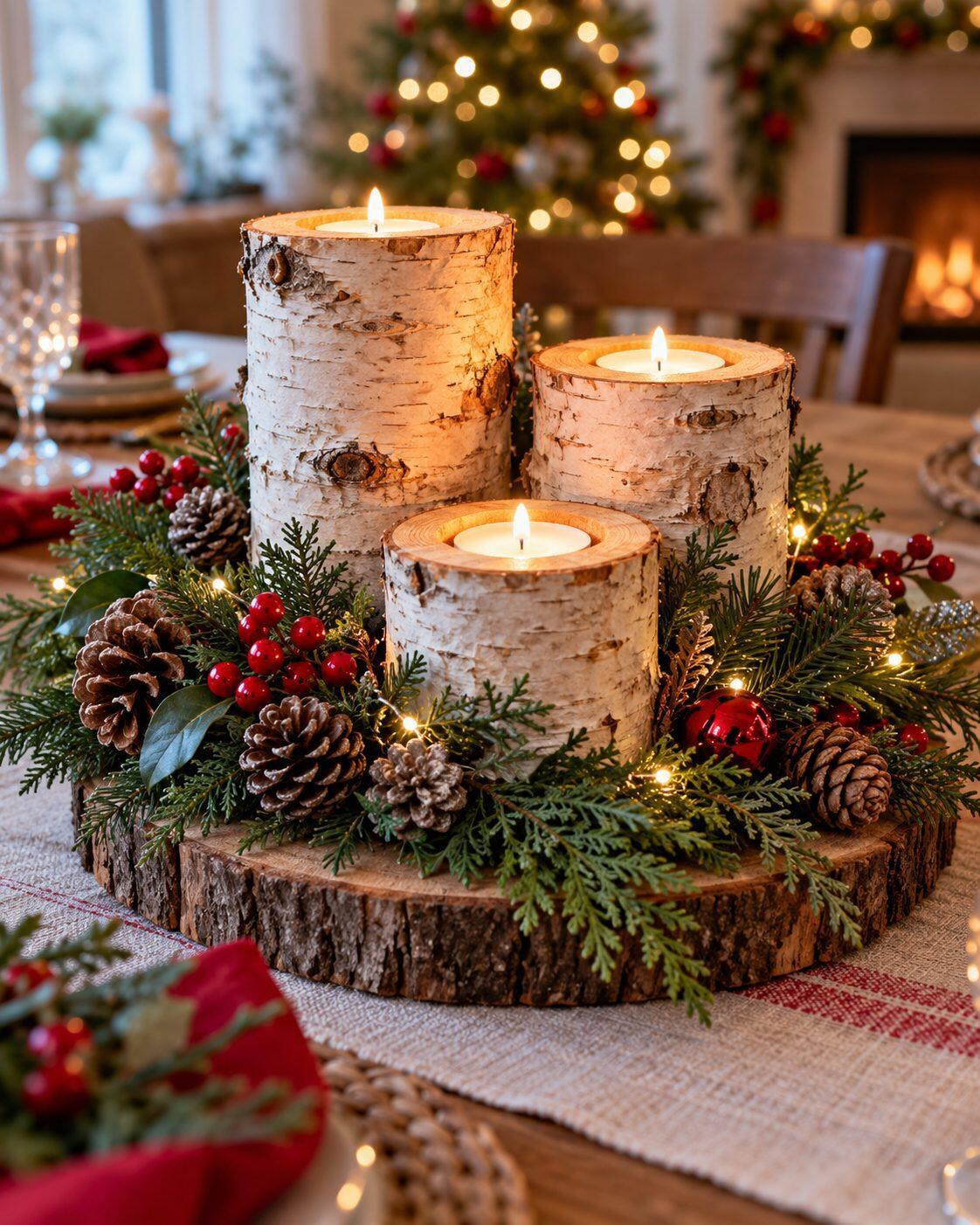 Déco de Noël en troncs de bois : 8 idées et le plan du renne Centre de table de Noël avec trois photophores en bûches de bouleau sur une rondelle de bois, branches de sapin, pommes de pin et baies rouges