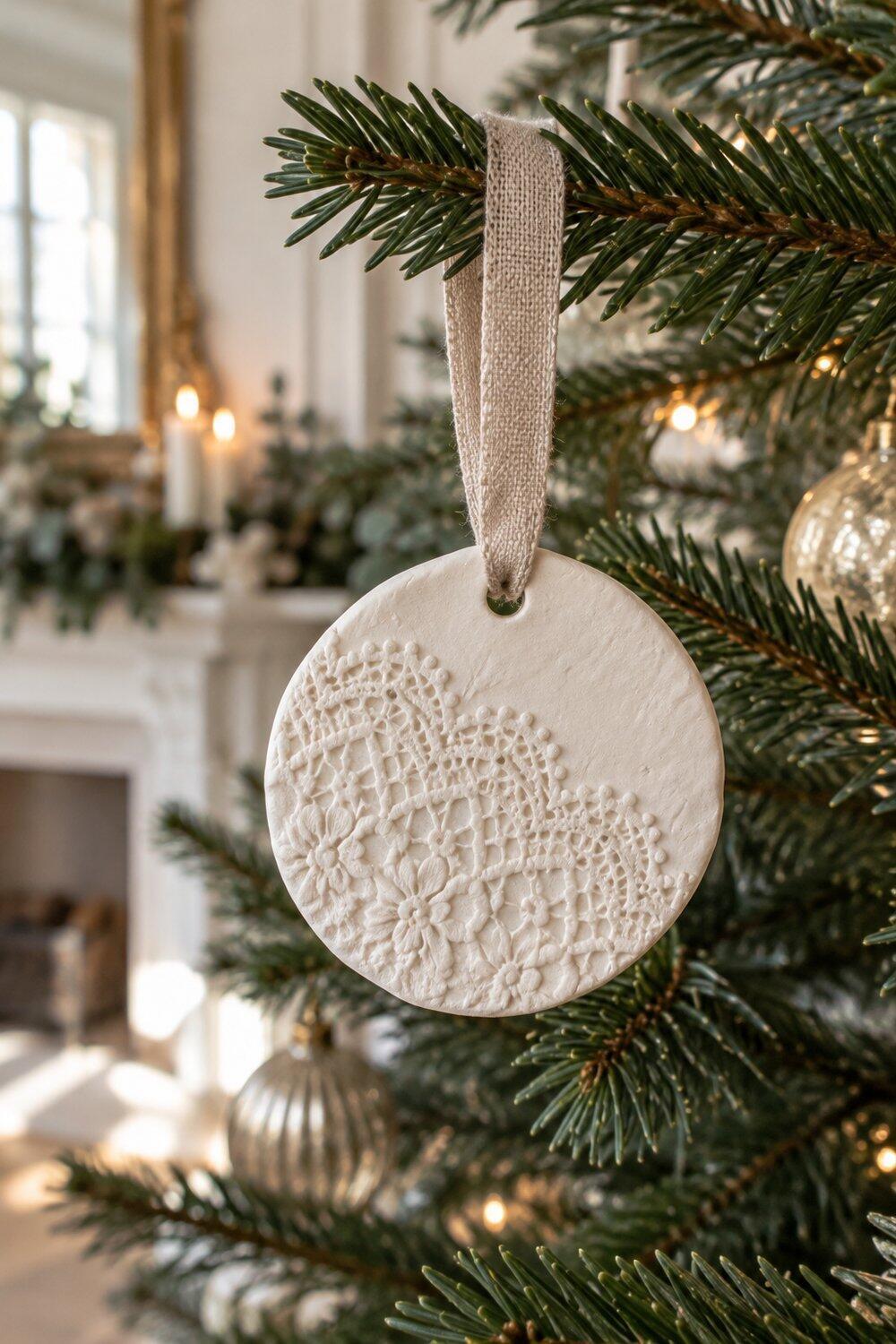 M&eacute;daillon blanc en argile avec empreinte de dentelle suspendu au sapin