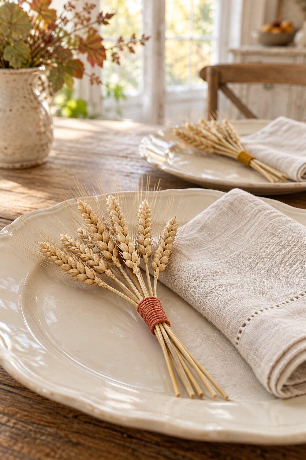 Décoration d’automne inspirée par la nature Petits faisceaux de blé sec liés avec du coton ocre et terracotta