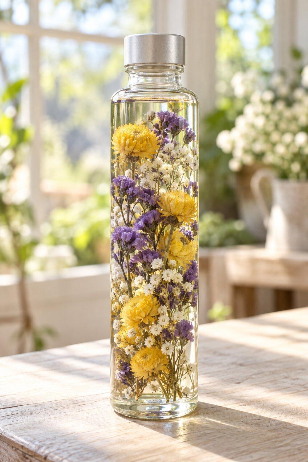 Flacon herbier japonais contenant des fleurs s&eacute;ch&eacute;es immerg&eacute;es dans une huile claire